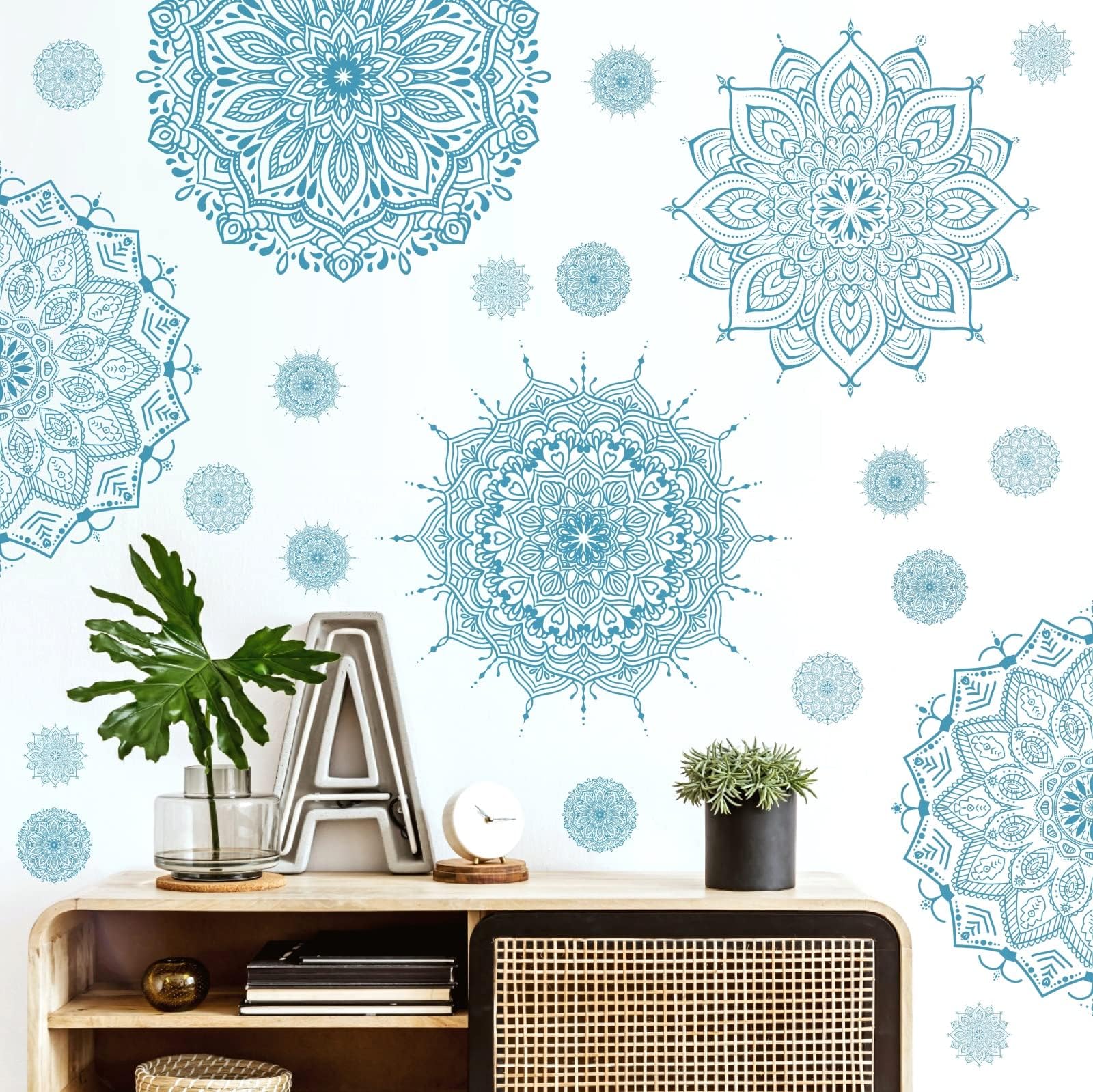 Kazova Light Blue Mandala Wall Stickers, Removable Mandala Art Decals Lotus Flower Boho Wall Decor for Yoga Room Meditation Space Bedroom Living Room, 4 Sheets 11 x 11 Inch