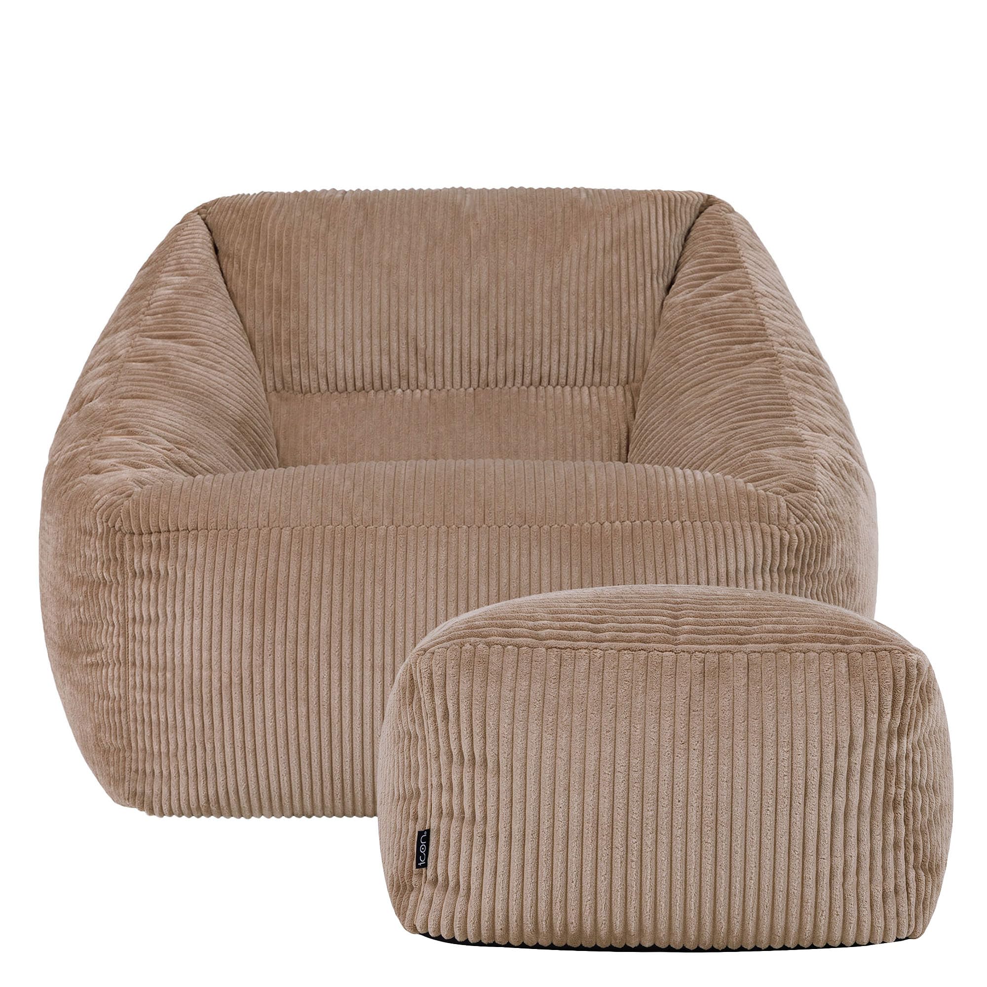 Icon Natalia Sitzsack Sessel mit Hocker für Erwachsene, Mokkabraun, Flauschiger Cord Stoff, Riesen Sitzsack Cord mit Füllung, Bean Bag Chair, Bequemer Sessel Wohnzimmer, Lounge, Schlafzimmer, Büro