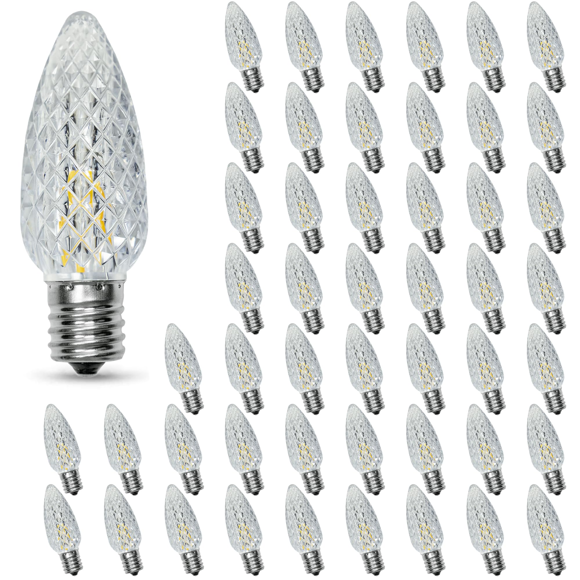 50PACK C9 Christmas Lights LED Replacement Bulbs?Shatterproof & Waterproof Plastic C9 Led Bulbs for Outdoor String Lights, E17 Base, 0.6W Equivalent to 7W, Warm White 2700K, 50LM Holiday Decoration