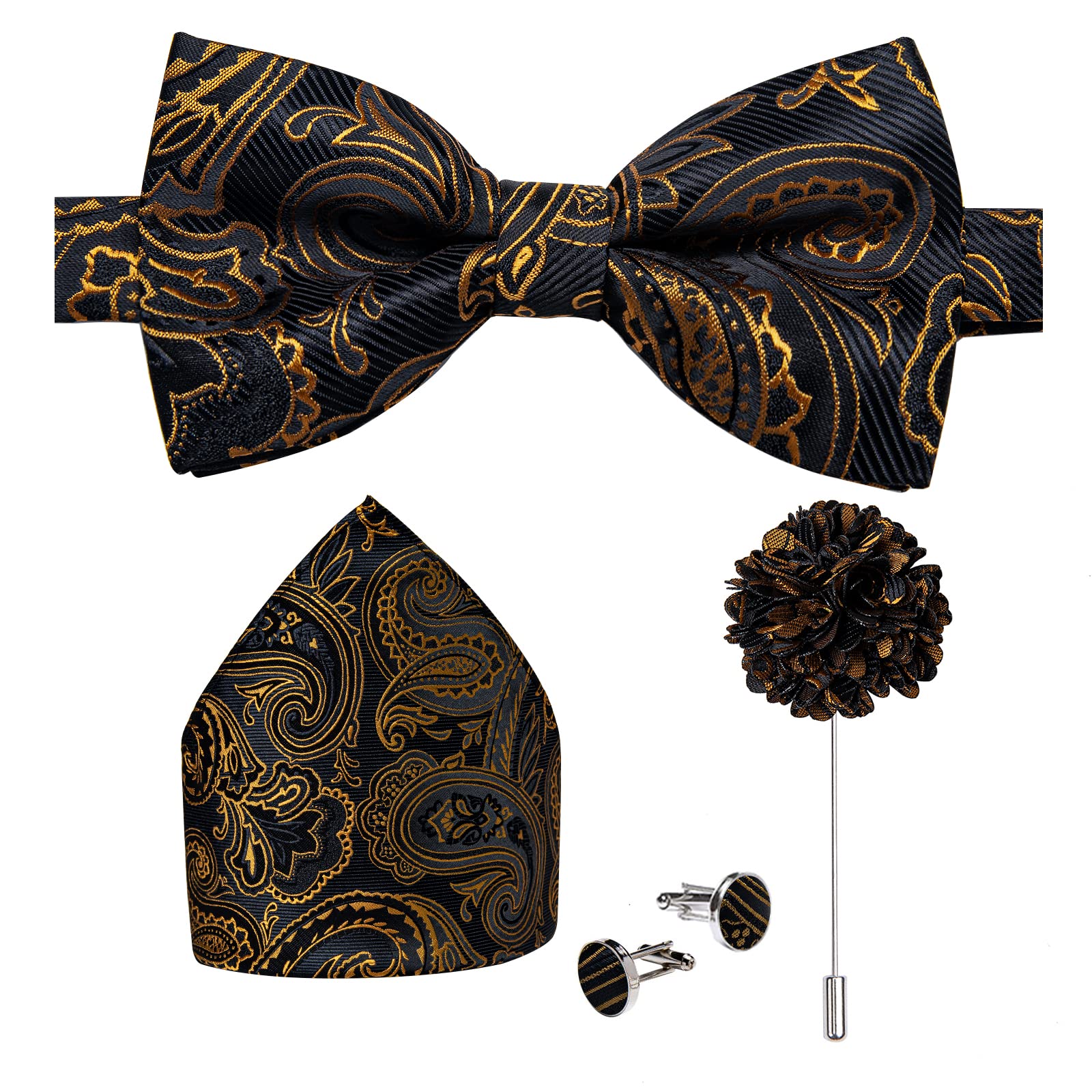 DiBanGu Pre-Tied Bow Ties for Men Silk Adjustable Tuxedo Bowties Pocket Square Cufflinks Set with Lapel Pin Jacquard Woven