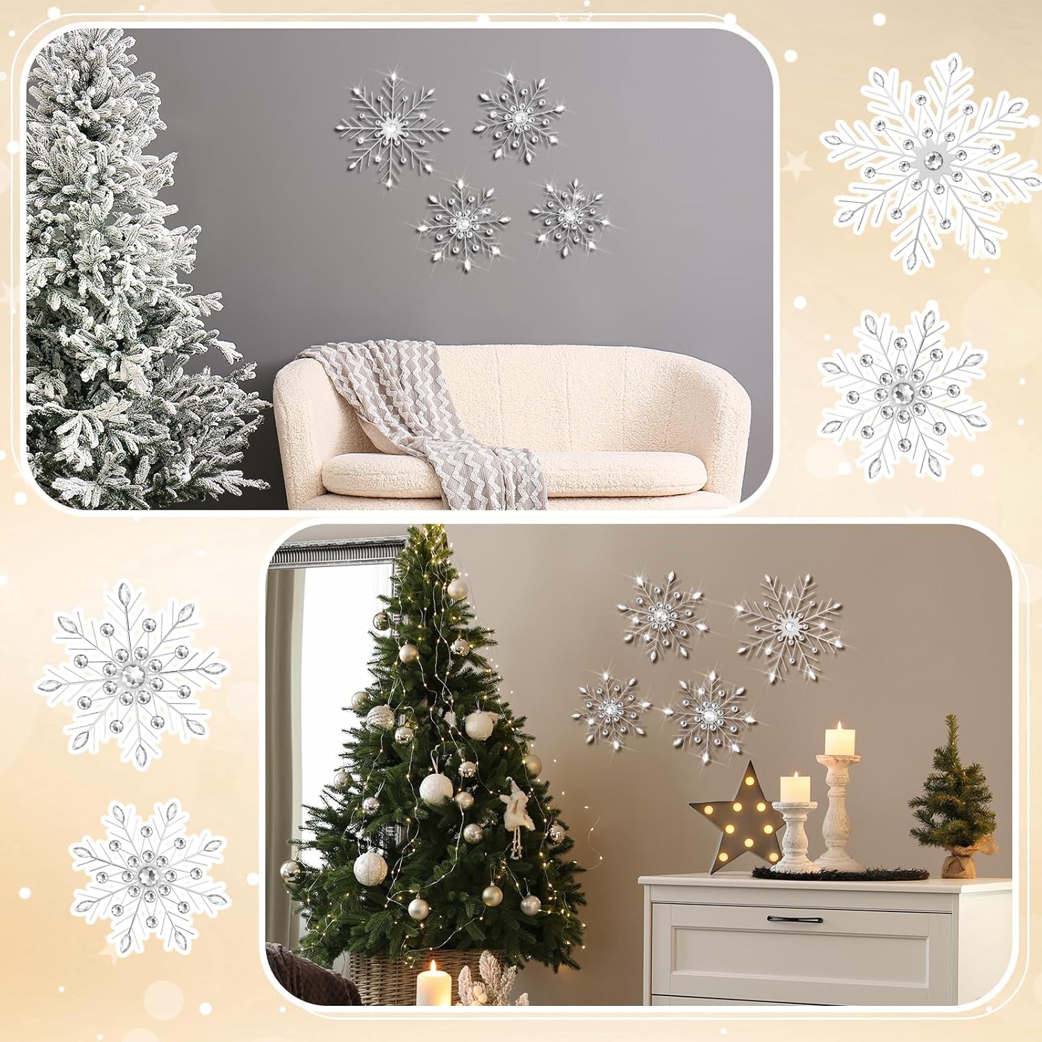 Hicarer 4 Pcs 12" 10" 8" Snowflake Metal Wall Art Rhinestones 3D Decor Christmas Silver Hanging Metal Artwork Wall Decor Glitter Crafts Snowflake Decorations for Living Room (Transparent White)