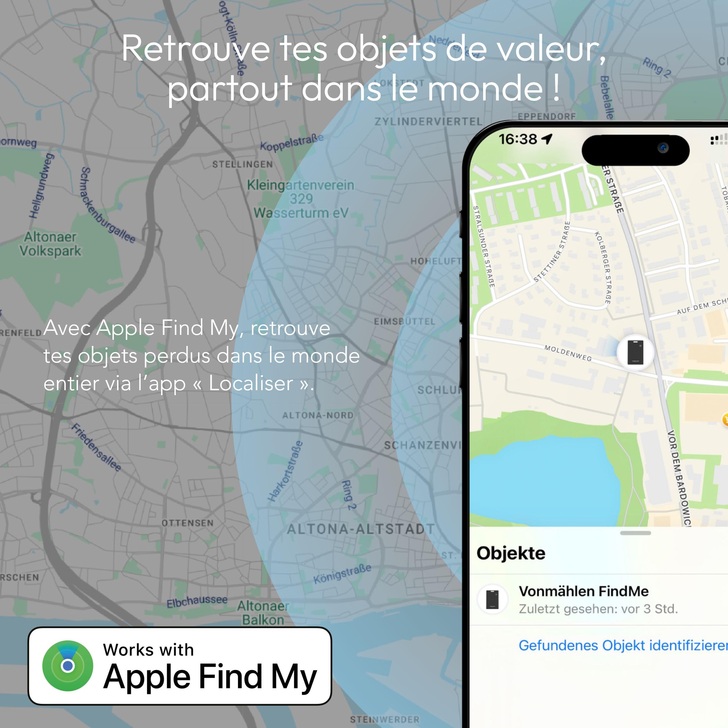 Vonmählen FindMe - Localisateur Bluetooth Ultra-Fin, Compatible avec Le réseau FindMy Apple, Recharge sans Fil, résistant à l'eau IP67 - Blanc