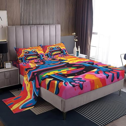 THYUNQ Sábanas de rana tamaño Queen, sábanas y fundas de almohada con patrón colorido, bolsillo profundo de 16 pulgadas, juego de sábanas impresas