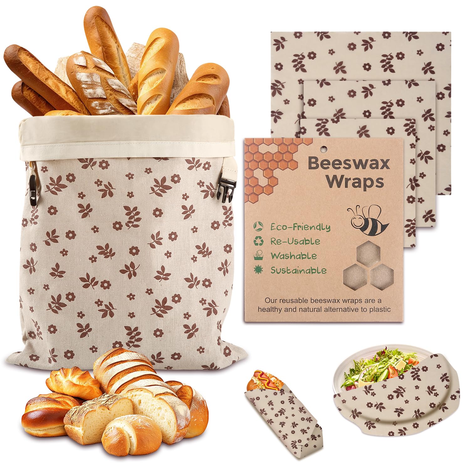 Reusable Beeswax Bread Bags&Beeswax Wraps for Food, Organic Bread bags Reusable to Keep Fresh,Sustainable, Biodegradable Homemade Washable Food Wraps, Must-Have Baking Accessories