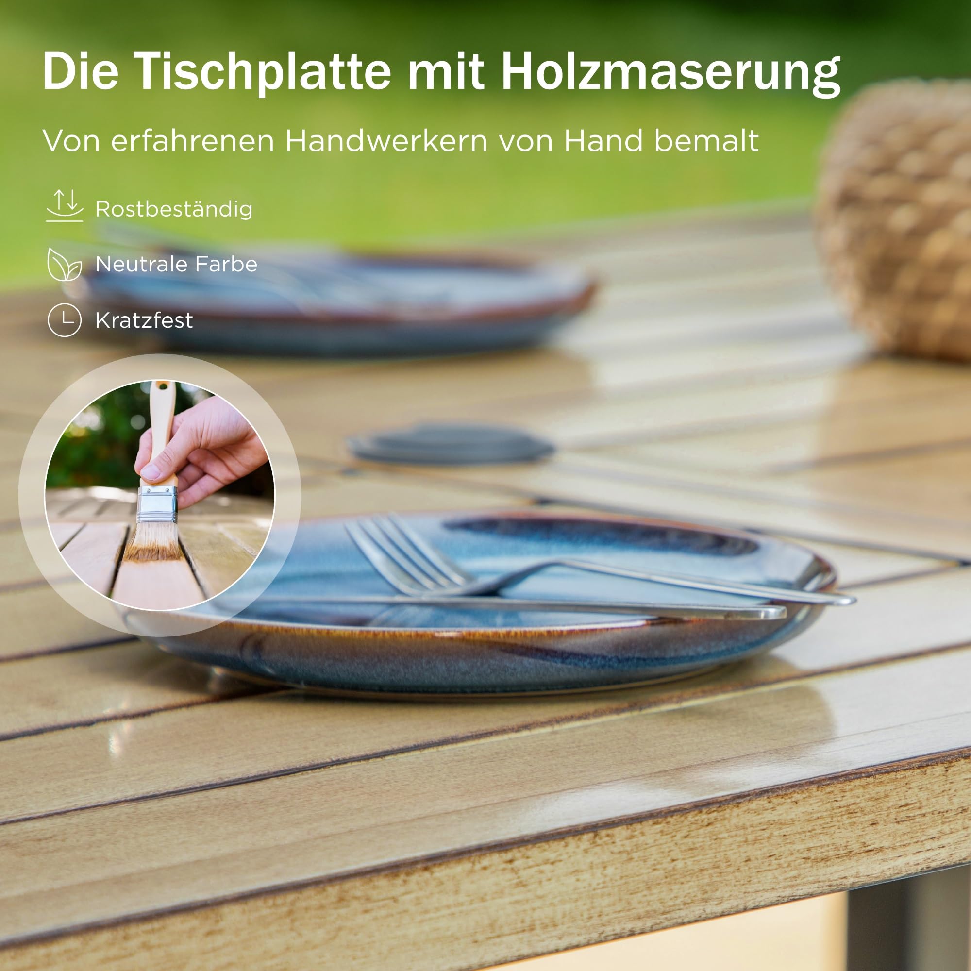 PHI VILLA Gartentisch mit Schirmloch Terrassentisch Gartentische Wetterfester 152x92x73cm Rechteckiger Outdoor Tisch mit Holzähnlicher Metall Tischplatte 4cm Schirmloch für Terrasse Bistro Garten