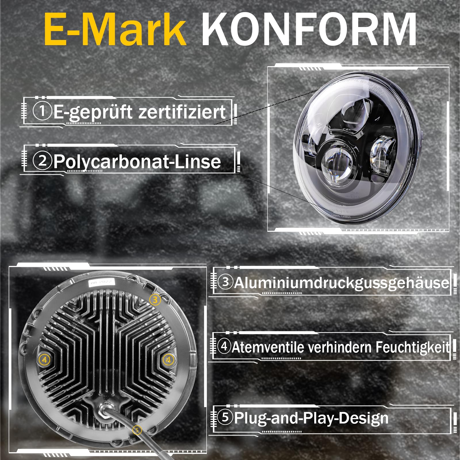 Faro LED da 7 pollici, omologato E, con anabbagliante e anabbagliante, indicatore di direzione e luce di marcia diurna per Jeep Wrangler ı JK Classe G 250 GD Wolf W460 W461 per Land Rover