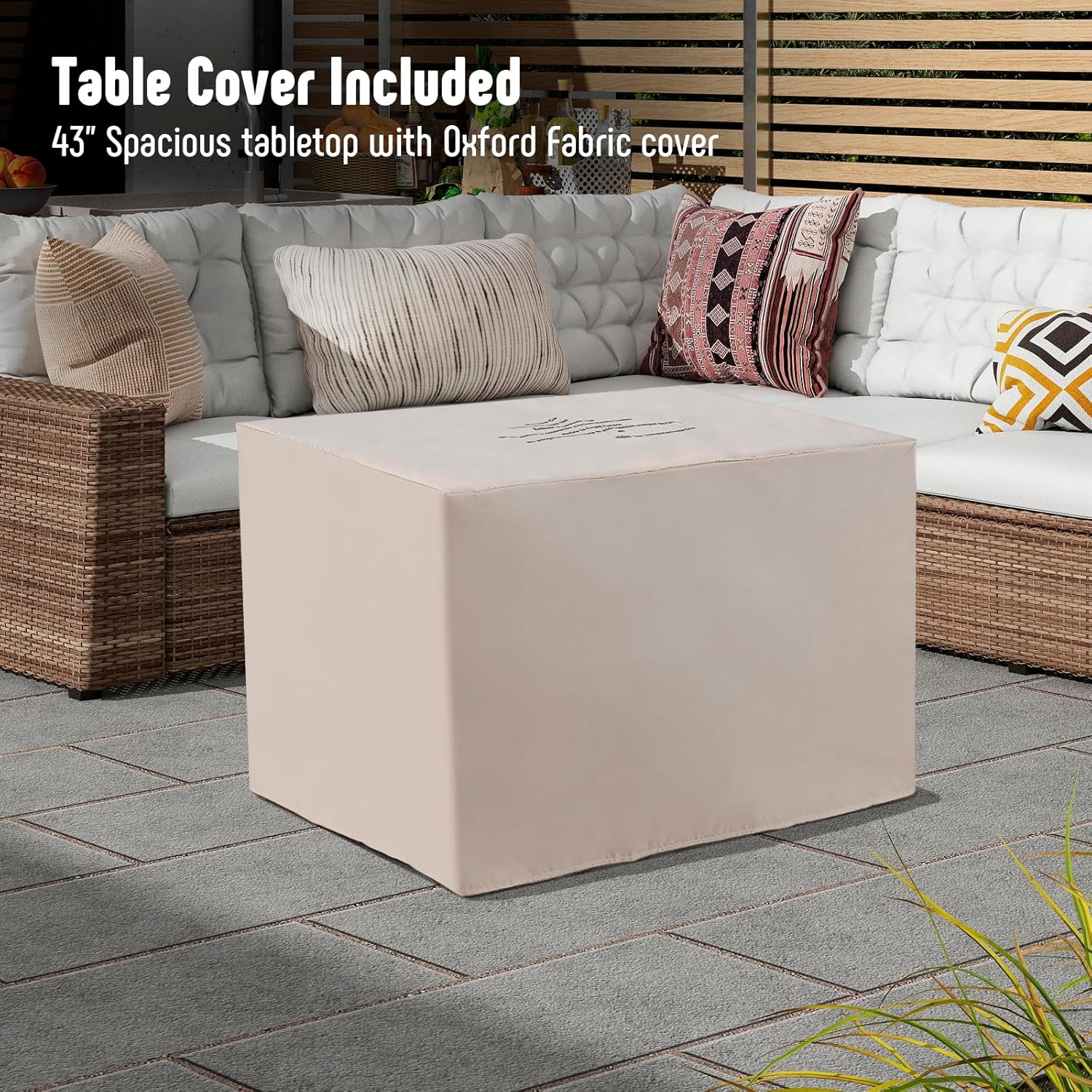 Werph 43" Propane Fire Pit Table with Rattan Fence, 50,000 BTU Gas Fire Pits for Outside Patio with Auto-Ignition, 2-in-1 Fire Table with Natural Lava Rock, Wind Guard& Removable Lid, Black
