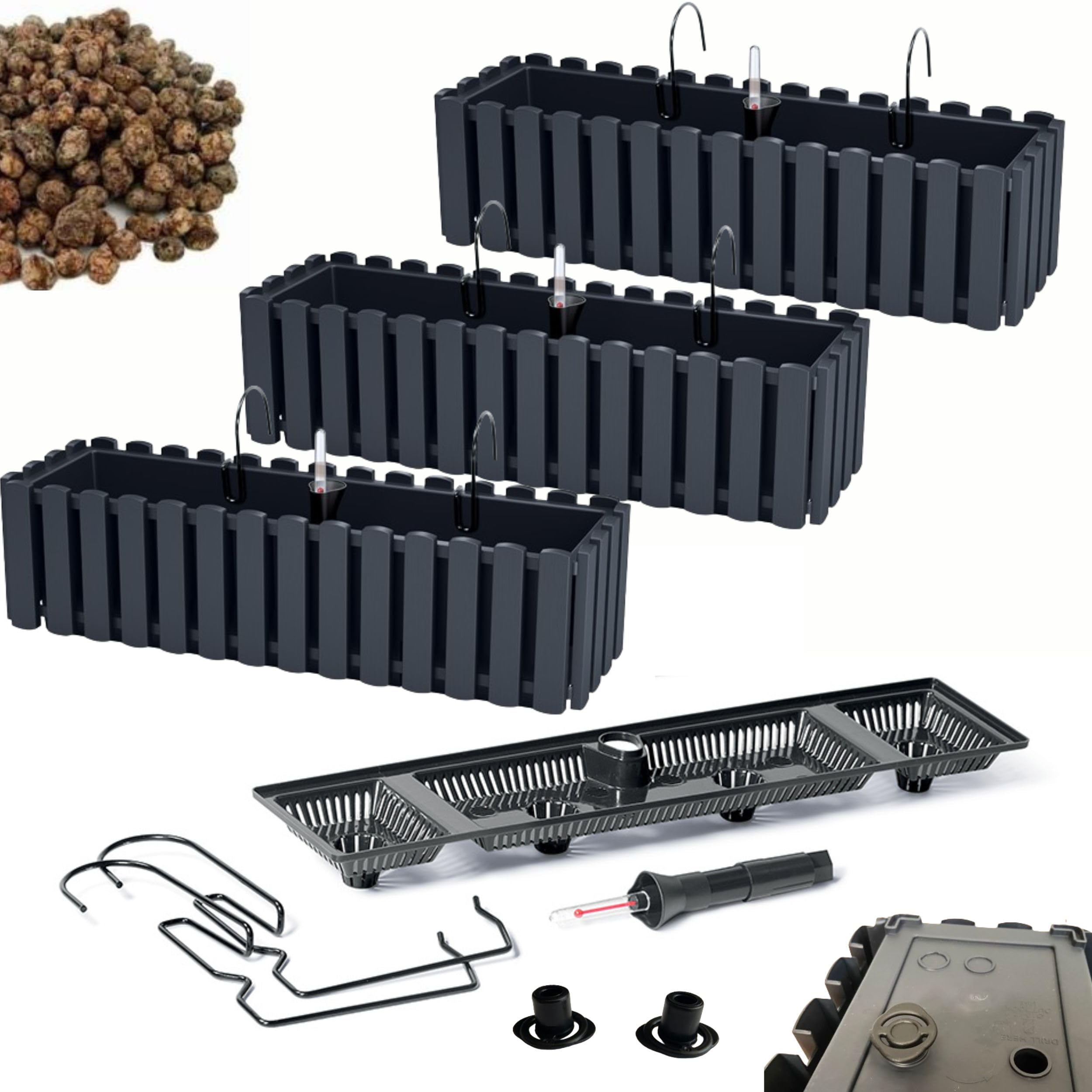 Fioriera Set 3 X 58x18x16,5 cm da balcone con sistema di irrigazione e tappi di drenaggio | Vaso per giardino moderno, protegge le radici e previene il ristagno d'acqua | Antracite