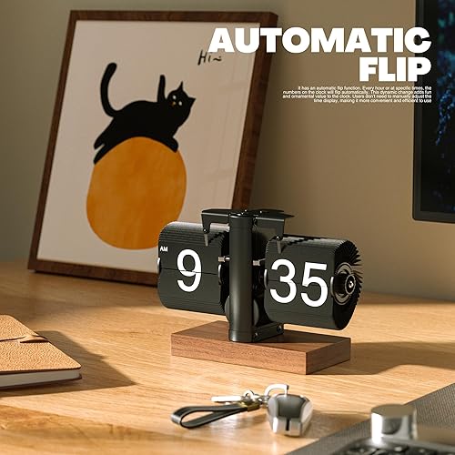 Miniatura 4 de Reloj analógico retro abatible, reloj de escritorio digital mecánico, vintage, reloj de mesa clásico con pilas, engranaje interno operado con base