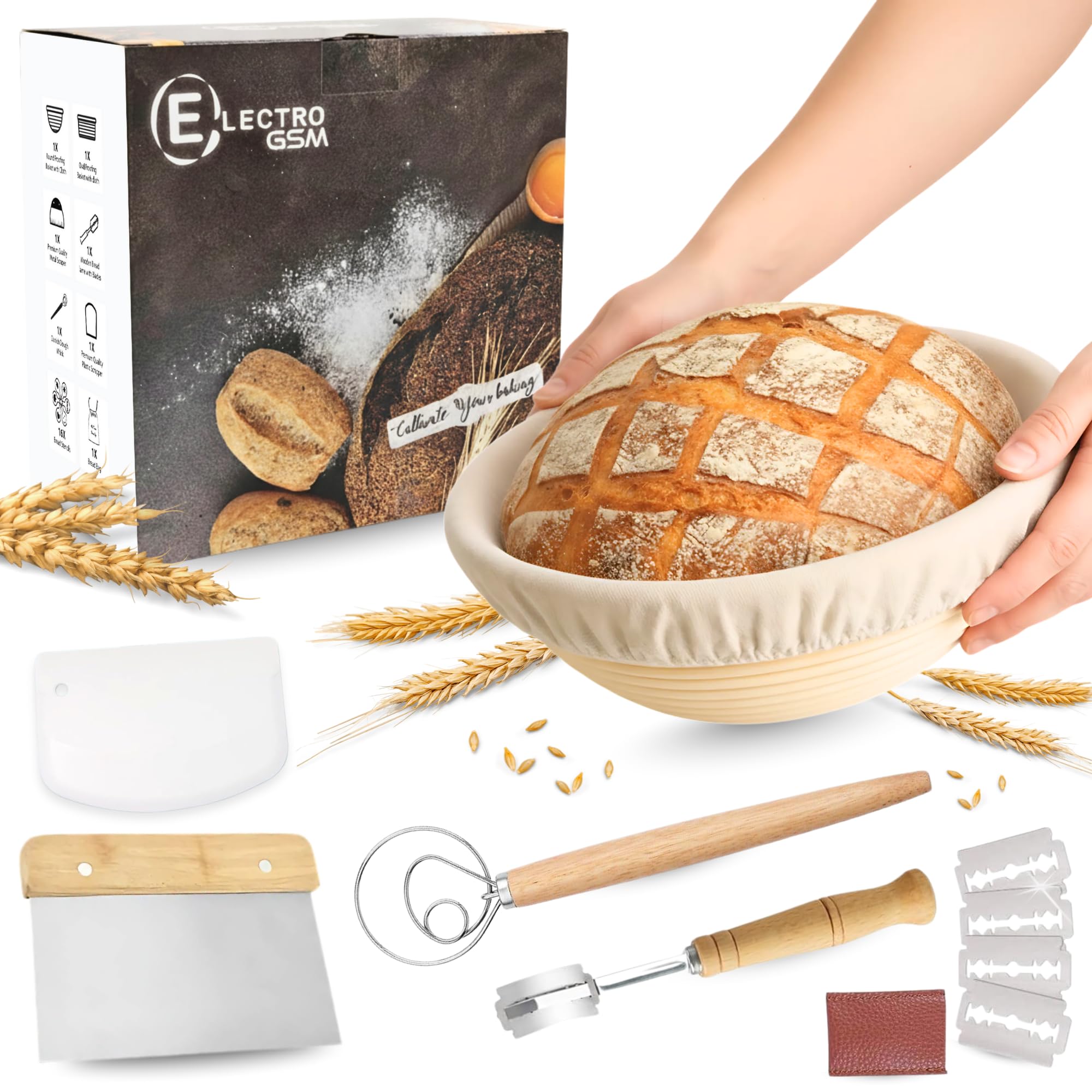 Sourdough Starter Kit โ 9" Round Banneton Bread Proofing Basket with Liner, Dough Whisk, Bread Lame & Scrapers - Handmade from Quality Natural Indonesian Rattan Bread Making Accessories