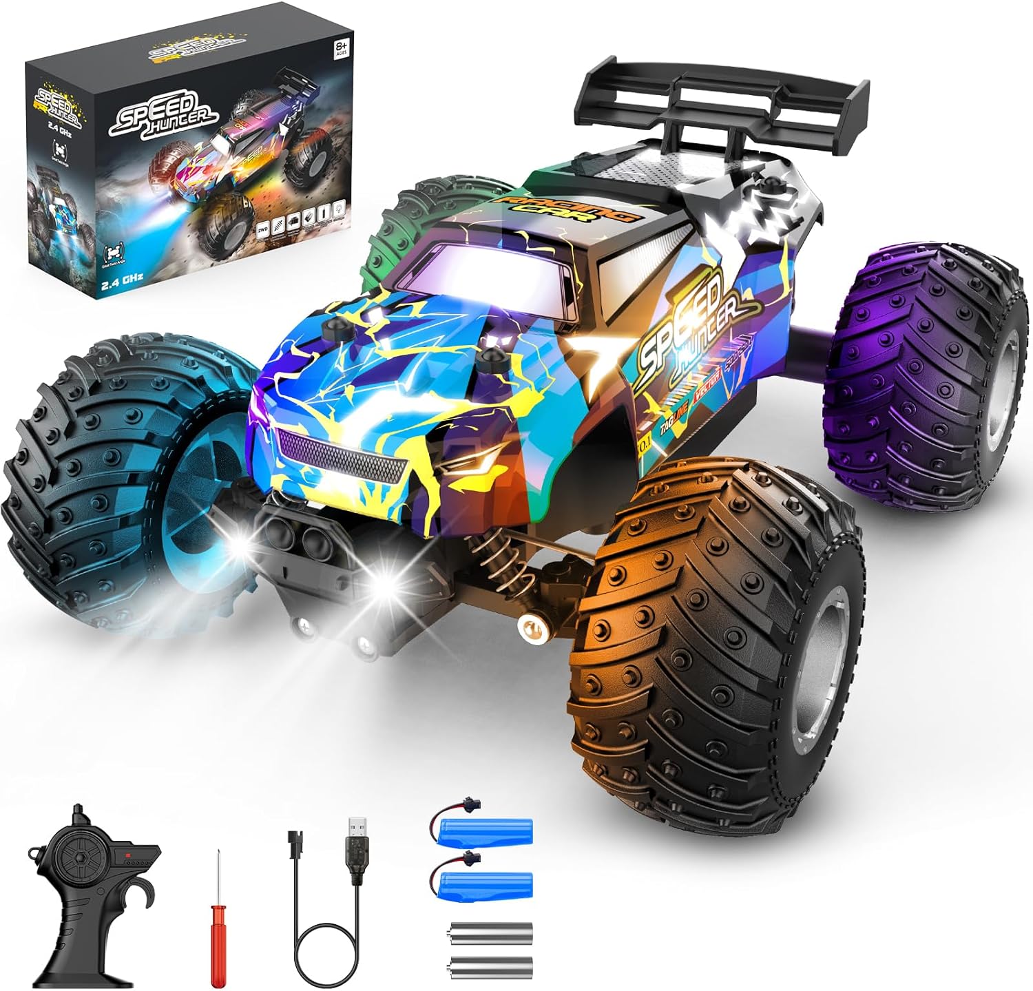 Product image of Remote Control Car, 1:18 2WD Off-Road RC Truck 20 KM/H, All-Terrain RC Cars with Headlights, BodyLights, 2.4GH Rechargeable Remote Control Monster Truck, Christmas or Birthday Gift Toys for Boys Girls