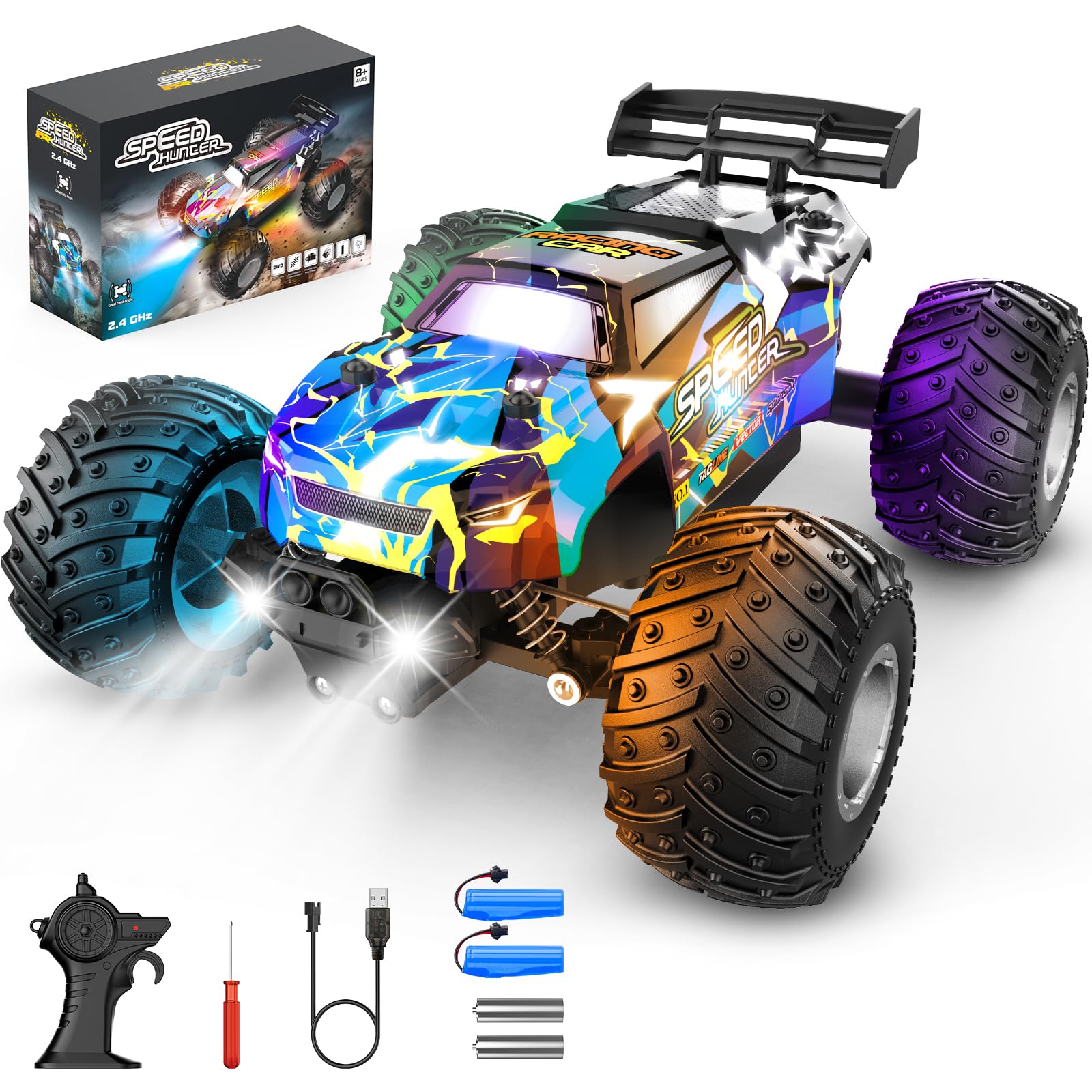 Remote Control Car, 1:18 2WD Off-Road RC Truck 20 KM/H, All-Terrain RC Cars with Headlights, BodyLights, 2.4GH Rechargeable Remote Control Monster Truck, Christmas or Birthday Gift Toys for Boys Girls