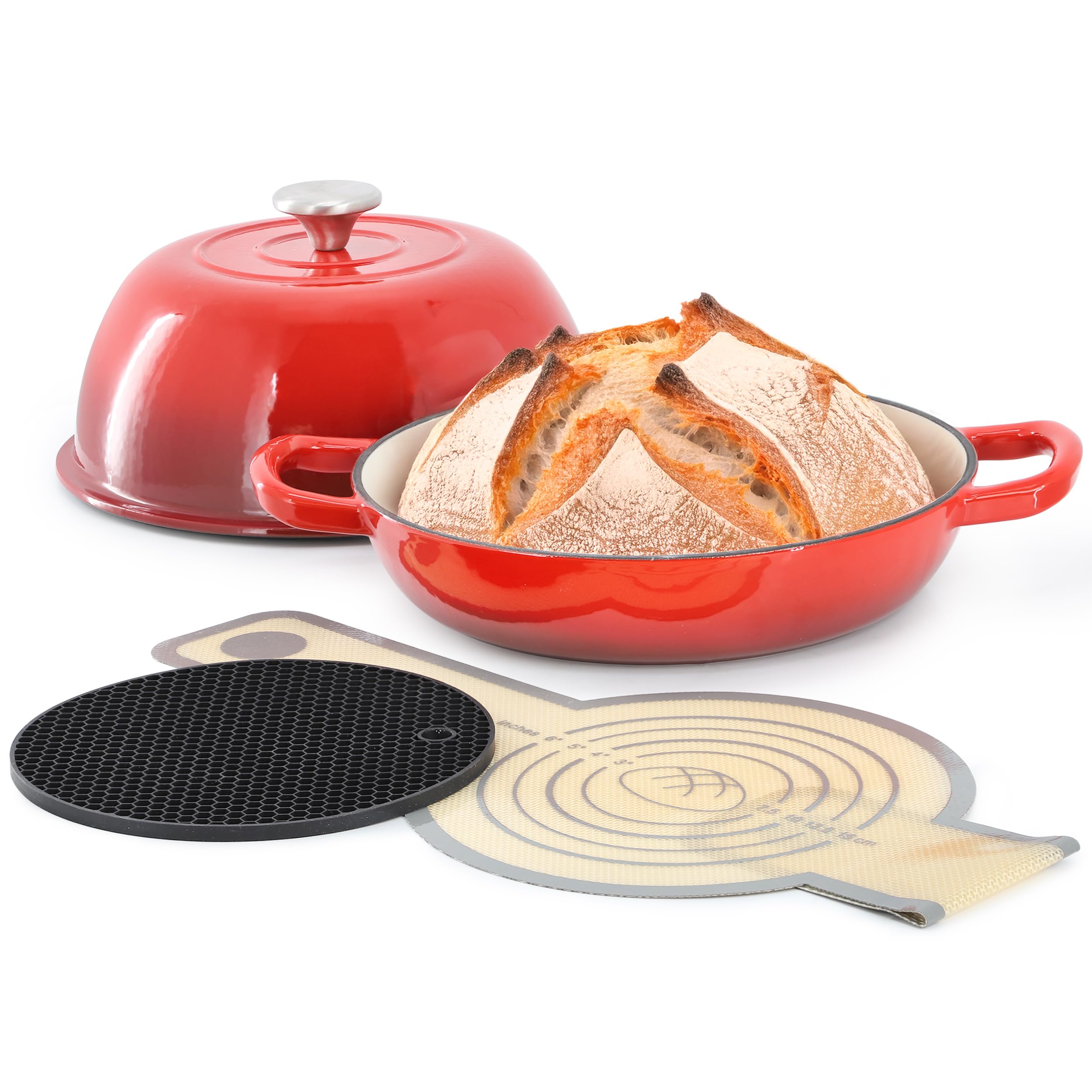 Assembled MegaChef 6 Quart Enameled Cast Iron Bread Pot in red