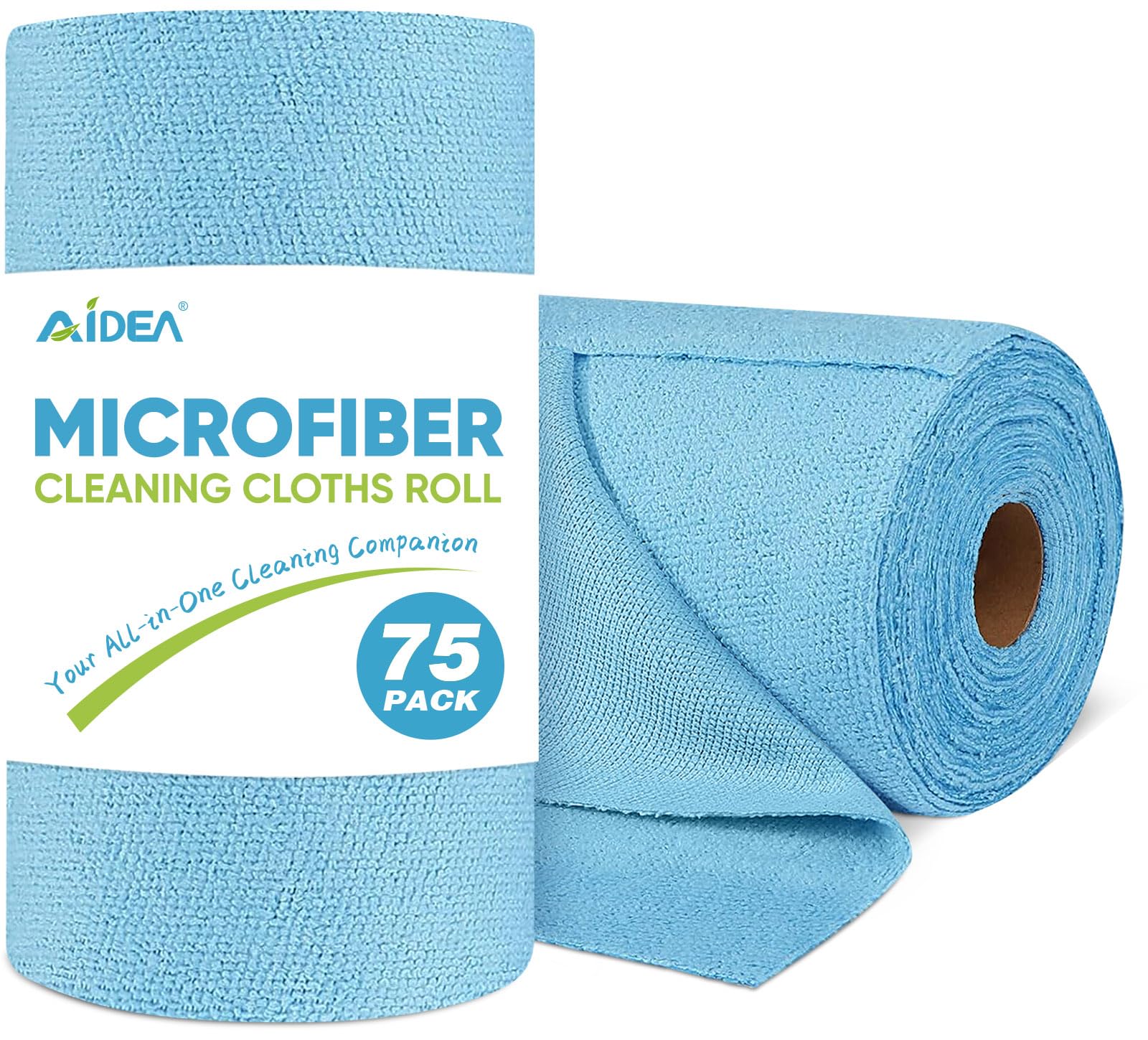AIDEA Blue Microfiber Cleaning Cloth Roll-75PK, Reusable Paper Towels, Tear Away Towels, Washable Shop Rags, Microfiber Towels for Cars, Lint Free Cleaning Rags for House, Kitchen, Window-11.5"11.5"