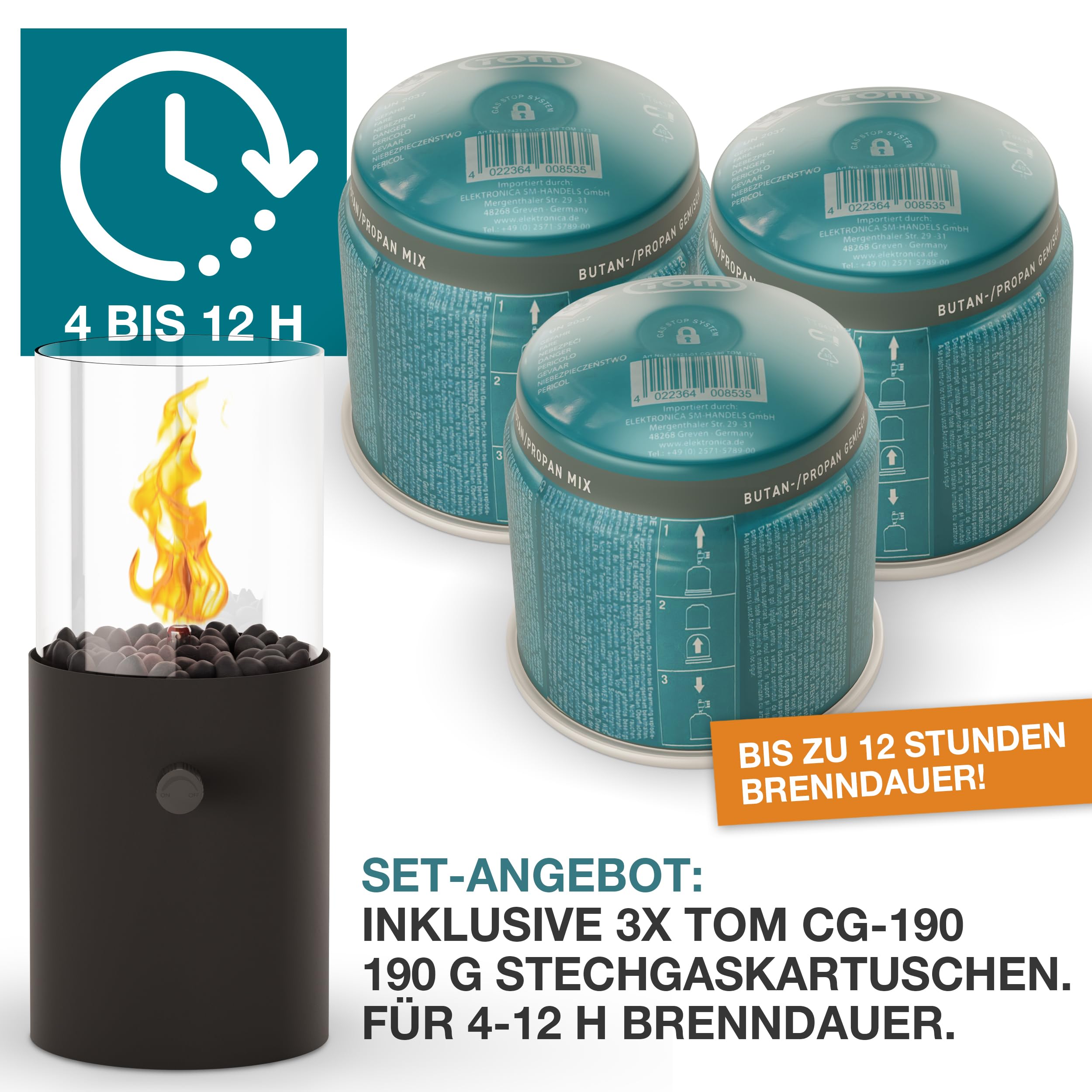 TOM Innovation XXL Gas Tischkamin - 12 Stunden Brenndauer für Indoor & Outdoor – Tisch Kamin Set – Tischfeuer mit Deko-Steinen – Plus 3X 190 g Stechgaskartusche