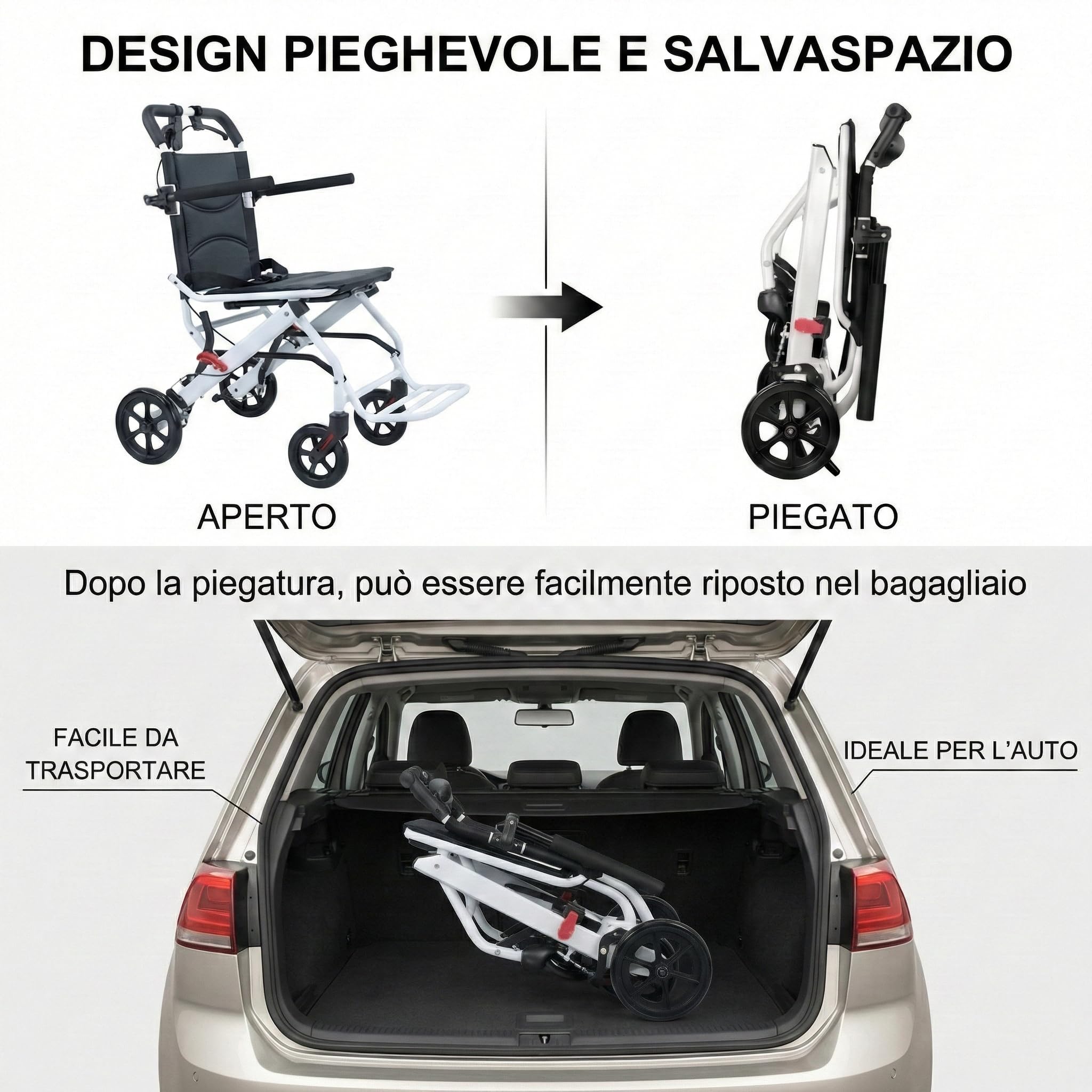 Sedia a rotelle pieghevole in carbonio leggero, sedia di mobilità da viaggio con freno ergonomico, design compatto 8,2 kg e ruote in PU stabili, uso interno esterno, aiuto portatile per anziani