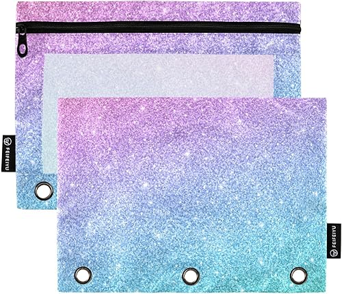 Gredecor Estuche para lápices con 3 anillos con purpurina azul y rosa con cremallera, 2 unidades, organizador transparente para carpeta escolar y