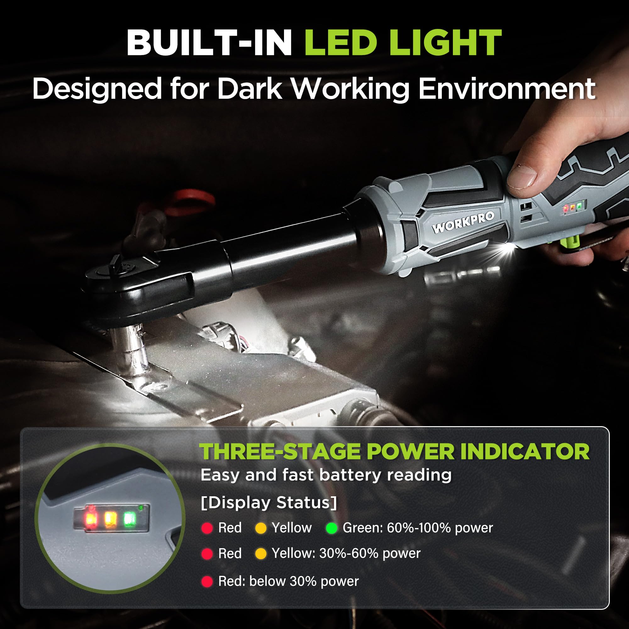 WORKPRO Chiave a Cricchetto Elettrica Senza Fili Set, Chiave a Cricchetto a Batteria 12V, 3/8", 55Nm Cricchetto a Batteria con 2 Batterie da 2,0 Ah, Luce LED, incl. 10 Prese, Custodia, Caricabatterie