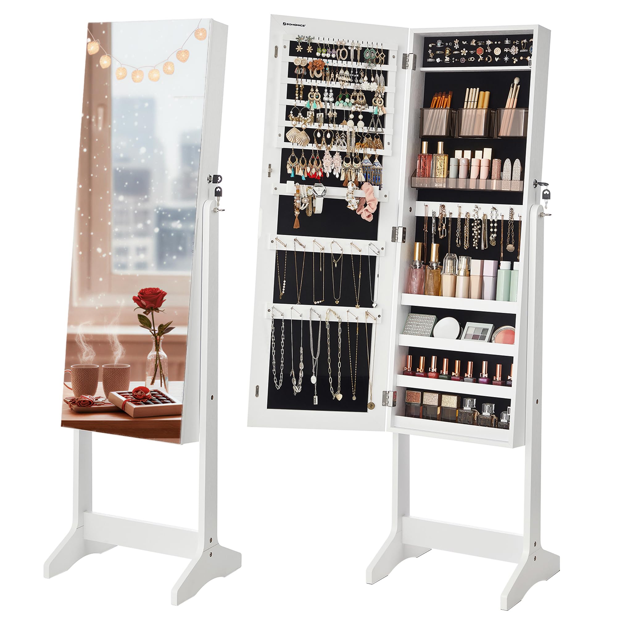 SONGMICS Armadietto Portagioie Autoportante, Specchiera Portagioielli con 2 Organizzatori per Cosmetici, Organizzatore Trucchi, Specchio a Figura Intera Senza Cornice, Serratura, Bianco JJC002W01