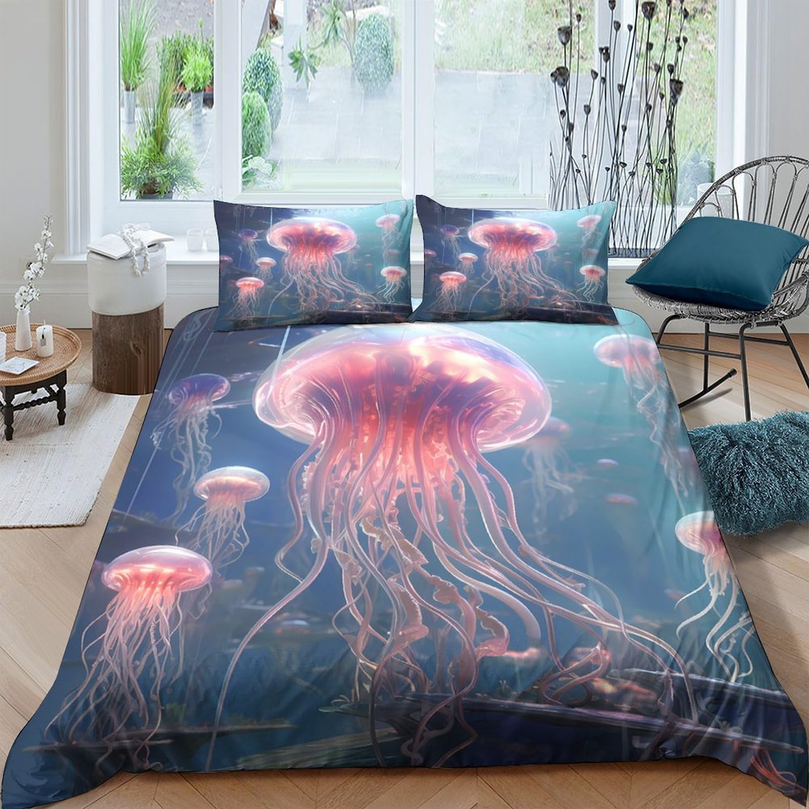 Ctjqhvkz Style-6 3D Printed Jellyfish Ocean Fitted Sheet Microfiber Soft Aqua Blue Mattress Cover For Bedroom Dorm Decor Protector Single（135X200cm）