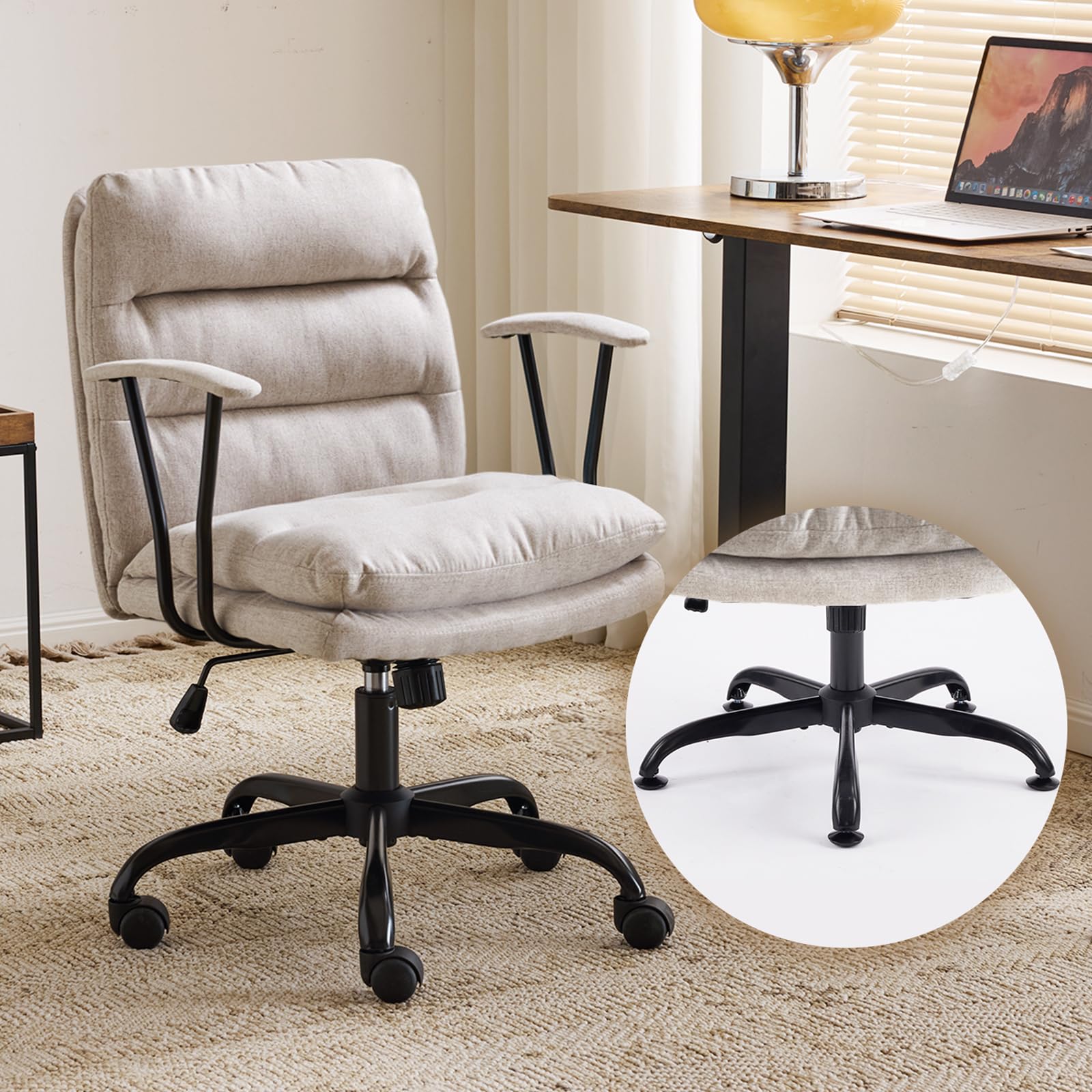 VINGLI Comfy Leisure Vanity Desk Chair with Armrests, Adjustable Height and Extra-thick Seat Pad, 360° Swivel Computer Task Office Chair for Home Office, Bedoom, Gaming & Daily Use, Linen (Light Grey)