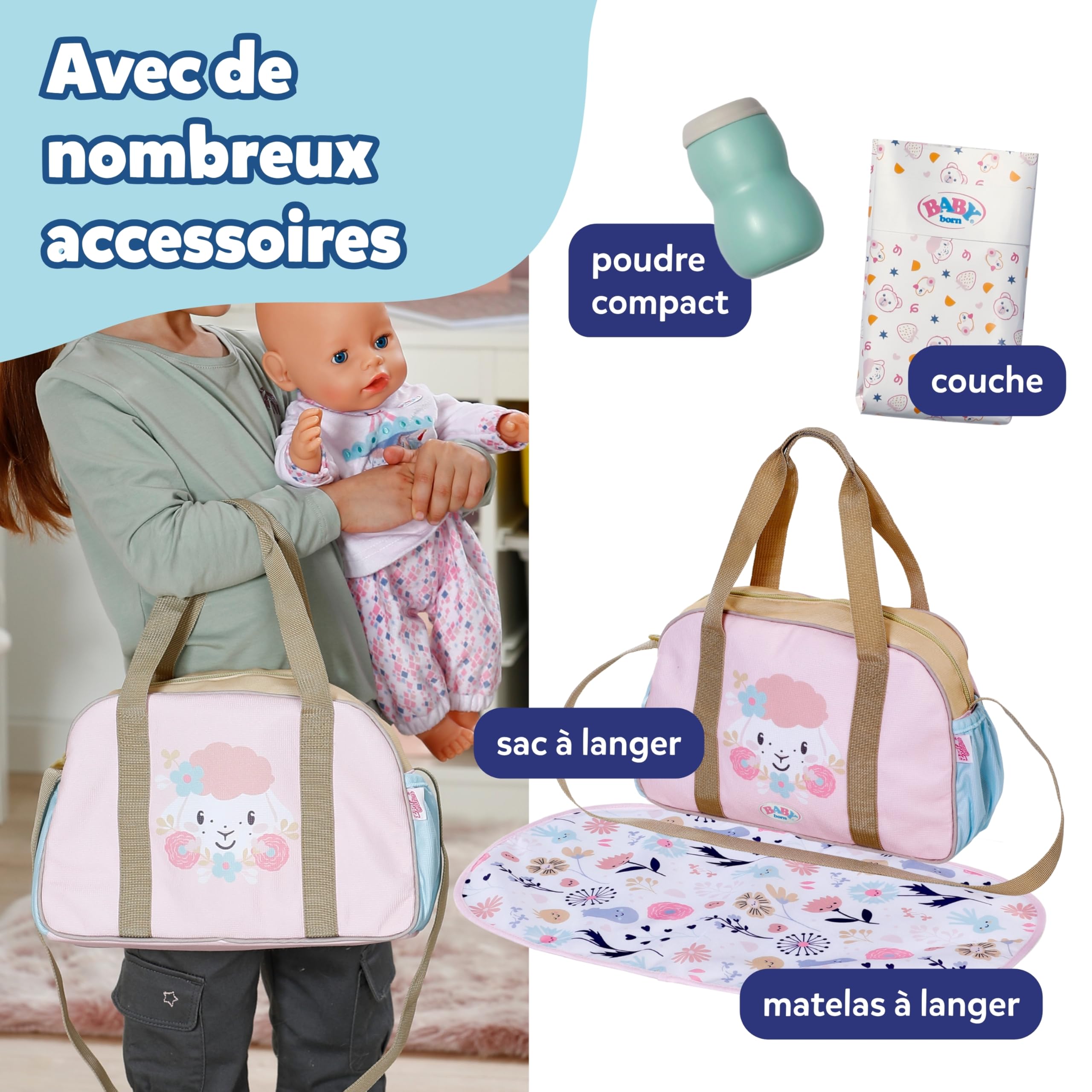 BABY born Sac à langer – Sac à langer pour poupées avec motif fleuri – Inclut tapis à langer, couche & boîte de poudre – Accessoire de poupée haut de gamme – Pour poupées de 36 cm & 43 cm