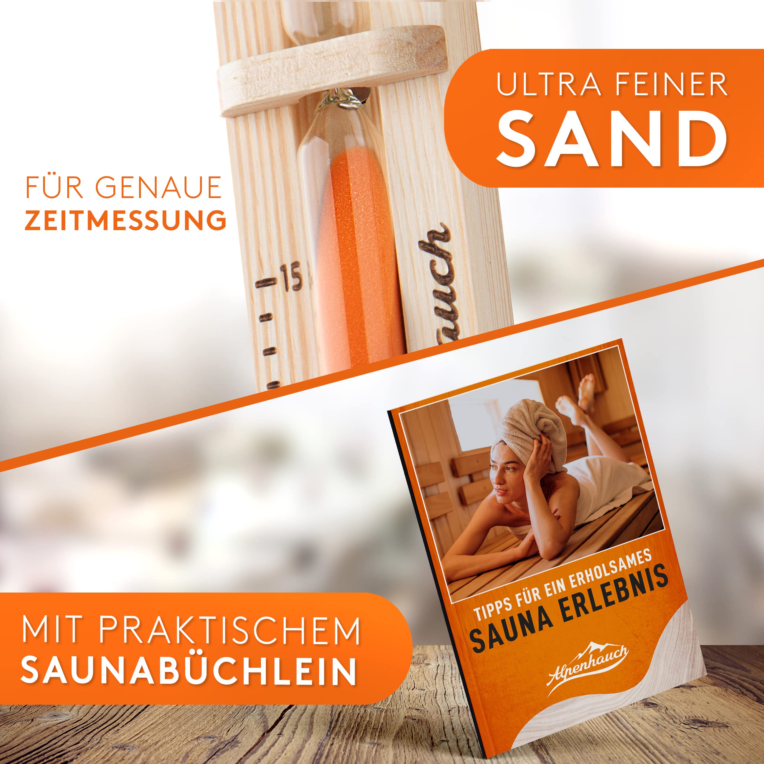 ALPENHAUCH Reloj de arena para sauna de 15 minutos de madera 100% natural, elegante reloj de sauna con arena ultra fina, reloj de sauna giratorio 360°, de madera para sauna y accesorios de montaje