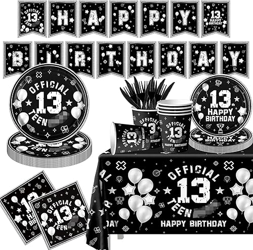 Miniatura 1 de 142 piezas de decoración de mesa para fiesta de cumpleaños número 13, suministros para fiesta de cumpleaños 13, juego de vajilla temática negra,
