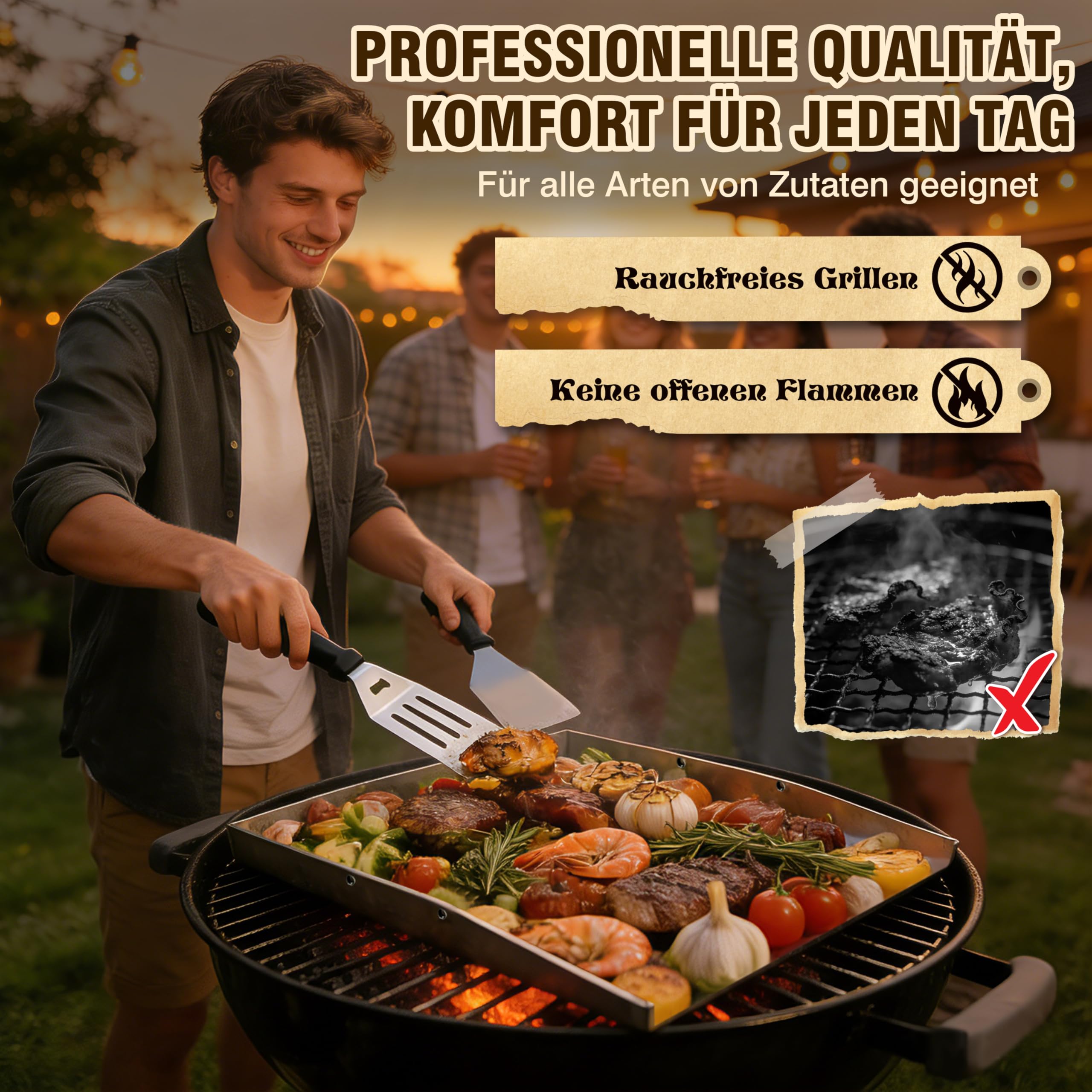 JONRRYIN Plancha Grillplatte Edelstahl [40 x 30cm], 4mm Massive Grillplatte Edelstahl mit Abnehmbarem Griff, Verzugsfreier Plancha Gasgrill mit Grillspachtel Set, Grillmatte für Gas- & Kohlegrill