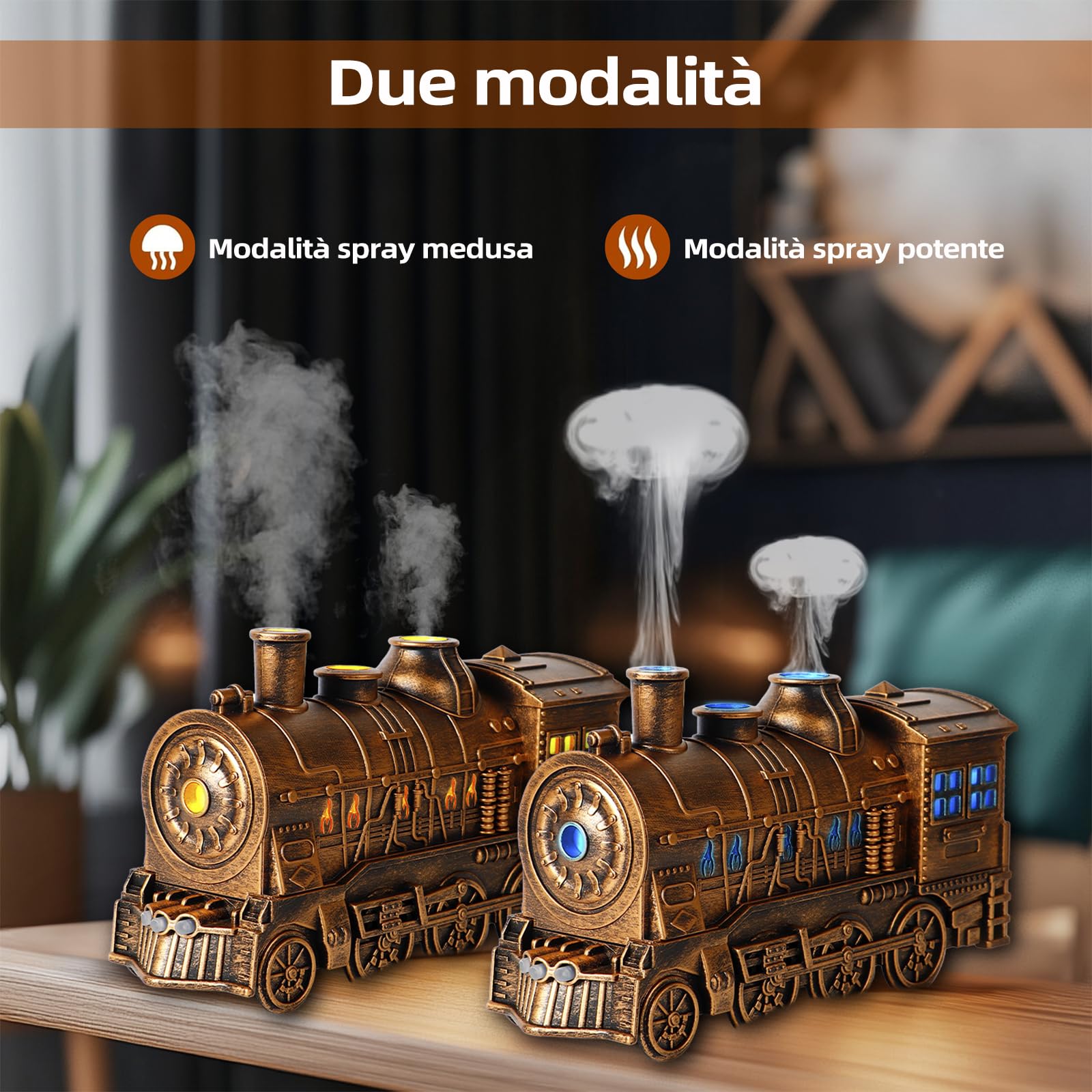 Diffusore di Oli Essenziali a Forma di Treno, Diffusore di Aromaterapia a Nebbia Fredda 2 Luci e 2 Modalità di Nebbia, Spegnimento Automatico per Camera da Letto, Soggiorno Ultrasonic Aroma Diffuser