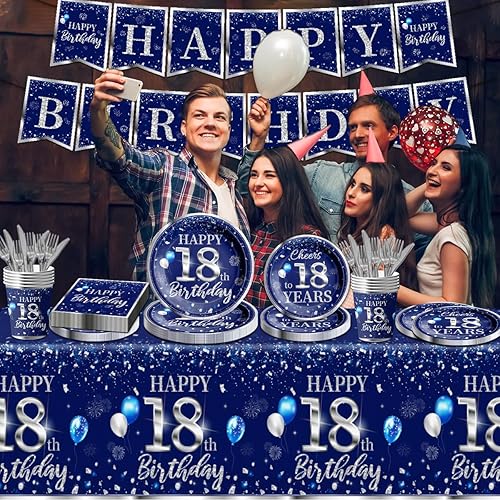 Miniatura 2 de GREHUMOR 142 piezas de vajilla de cumpleaños de 18 años para niños, color azul plateado, suministros de fiesta de cumpleaños de 18 años, manteles