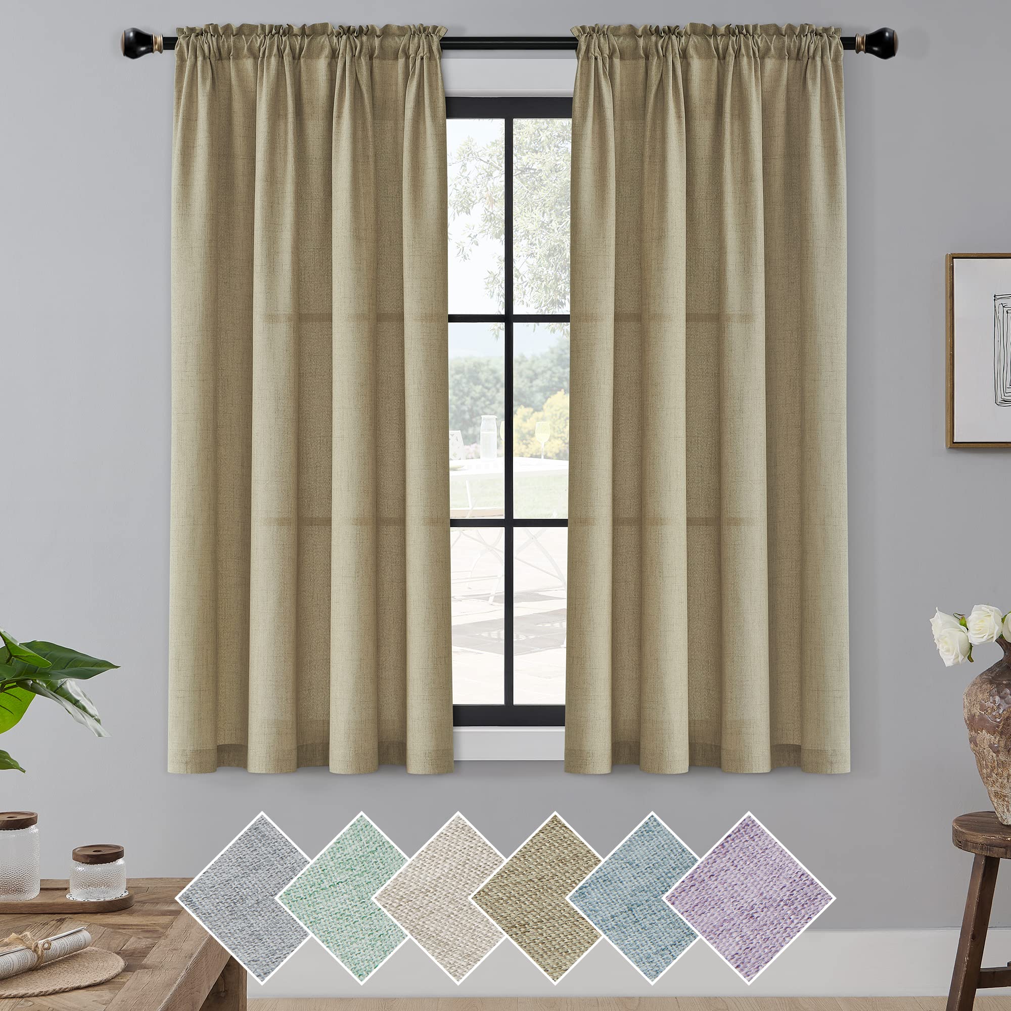 RscnBrown Linen Sheer Curtains for Living Room, Rod Pocket Rustic Semi Sheer Vertical Drapes Linen Weave Privacy with Light Filter for for Boys Bedroom Country Chic Decoration, W52 x L63, 2 Panels
