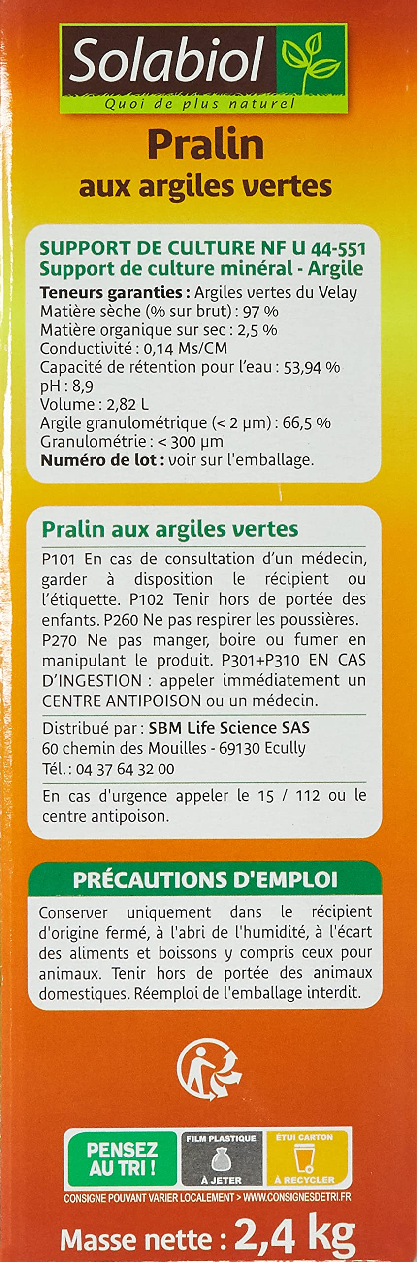 SOLABIOL Pralin Aux Argiles Vertes - 2,4Kg - Jusqu'à 3L De Pralin - Enrobe Les Racines Pour Un Meilleur Ancrage - Maintient L'Hydradation Des Racines - Utilisable En Agriculture Biologique SOPRAL3