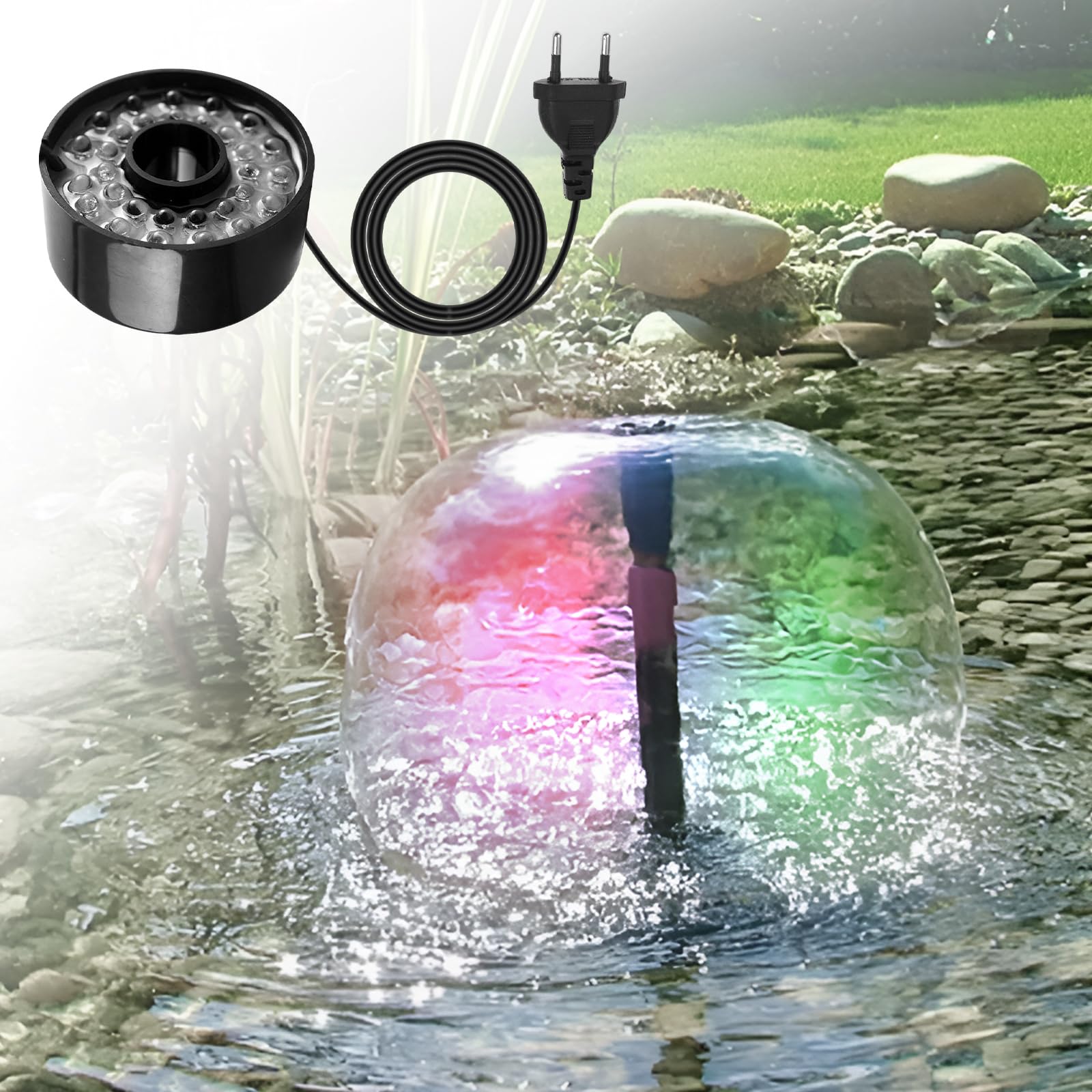 PORFOYO Lampa pierścieniowa LED, pierścień LED, pompa do stawu, tryb kolorowy, 7 kolorów, zmieniająca się kolor, lampa pierścieniowa z kablem o długości 2,91 m do basenów, fontann i jezior (czarna)