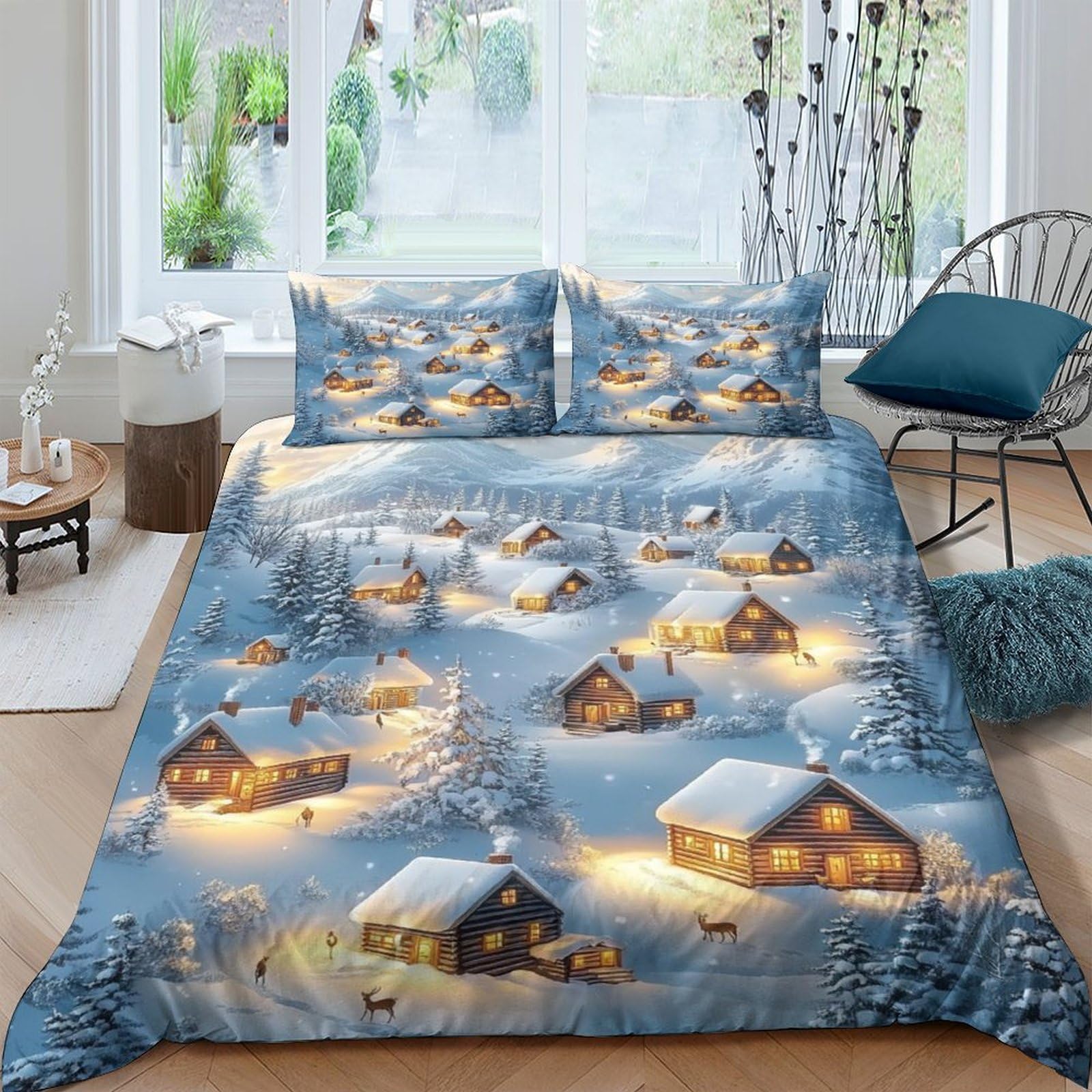 Ctjqhvkz Style-2 3D Printed Winter Cabin Village Fitted Sheet Microfiber Soft Blue Snow Landscape Bed Cover For Bedroom Guest Room Decor Single（135X200cm）