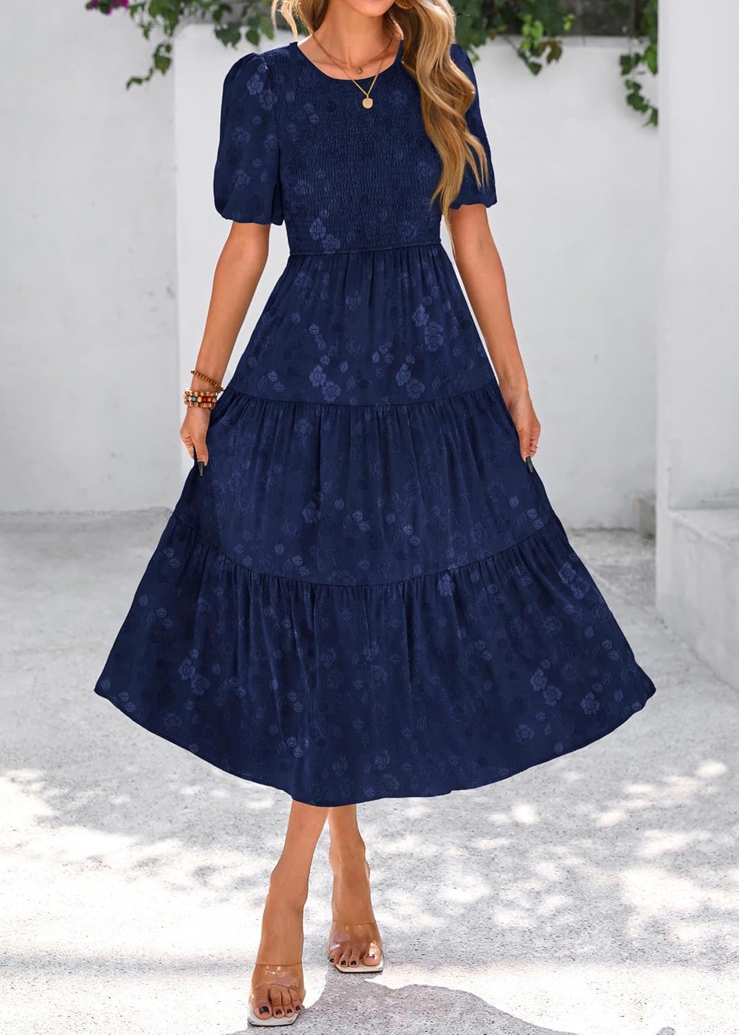 KIRUNDO Womens Summer Dresses Wedding Guest Floral Midi Sundress Short Puff Sleeve Flowy A Line Smocked Tiered Boho Dress - Image 3