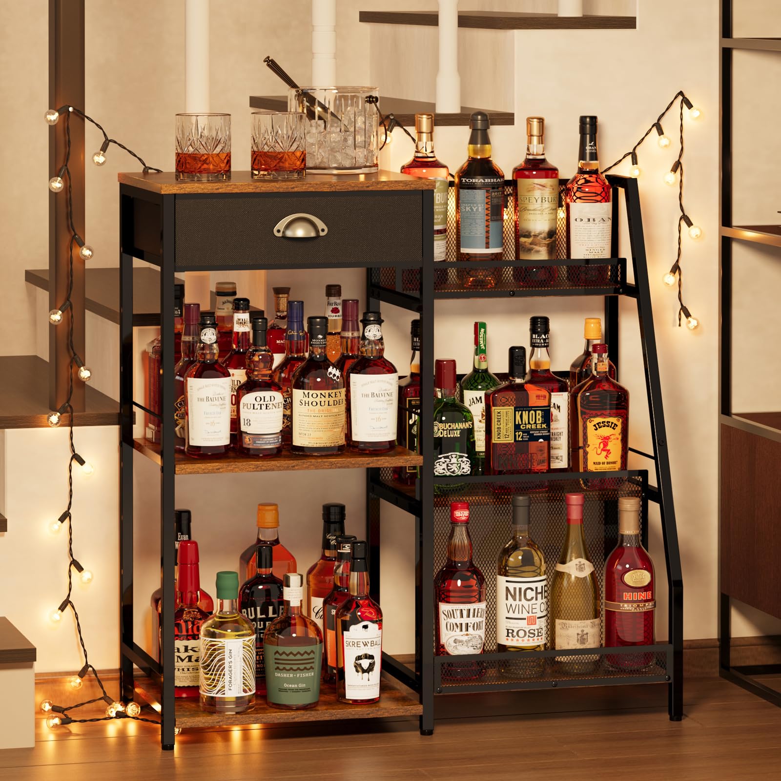 Liquor Cabinet Bar for Home with Drawer, 3-Tier Wine Rack Freestanding Floor and Wine Shelf with Step Design for Whiskey, Spirits, Vintage Mini Bar for Kitchen Apartment
