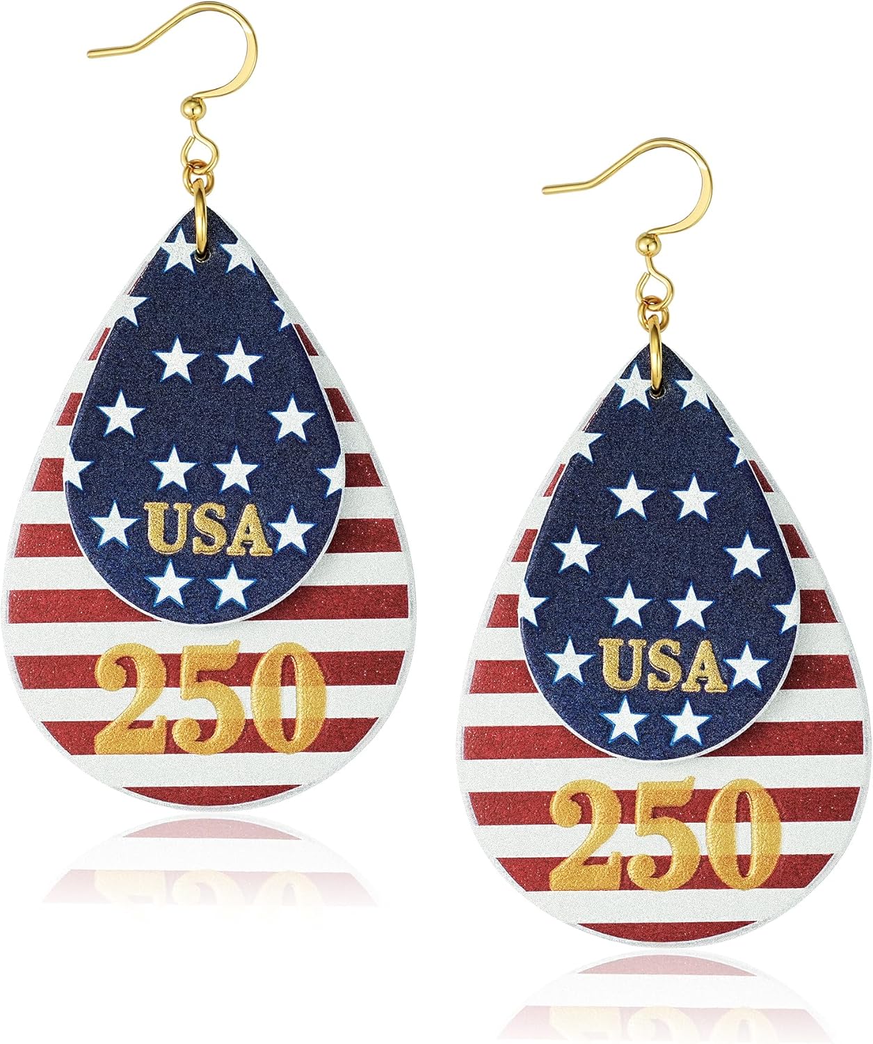 Gold Dangle Earrings for Women - American Flag Teardrop Earrings for 4th of July, Patriotic Independence Memorial Veterans Day Leather Cute Lightweight Fashion Jewelry USA 250th Celebration Gifts