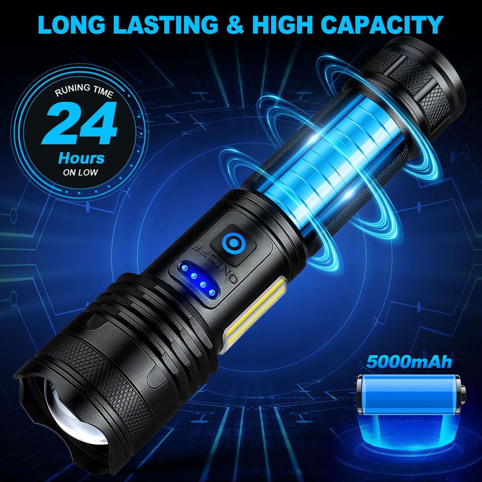 Paquete de 2 linternas LED recargables de alto lúmenes, linterna súper brillante de 90,000 lm, luz de flash potente ajustable con luz COB y 8 modos, linterna de mano impermeable para el hogar, camping