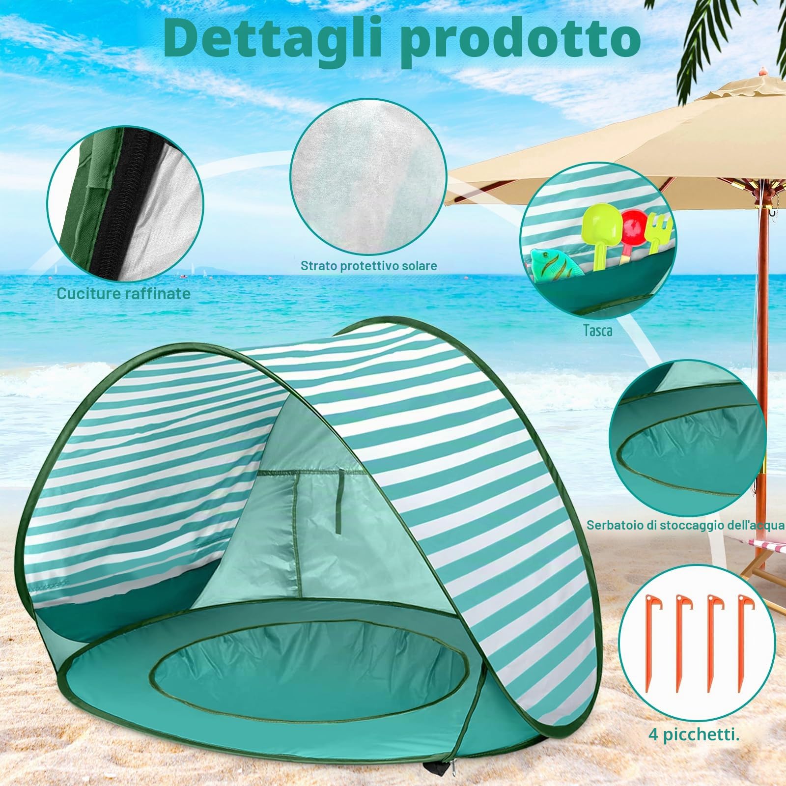 Tenda da Spiaggia Baby Pop Up, Tenda da Spiaggia con Mini Piscina, Protezione UV UPF 50+, Tenda da Spiaggia Portatile per Bambini per Spiaggia, Campeggio, Giardino, Sacchetto Inclusa