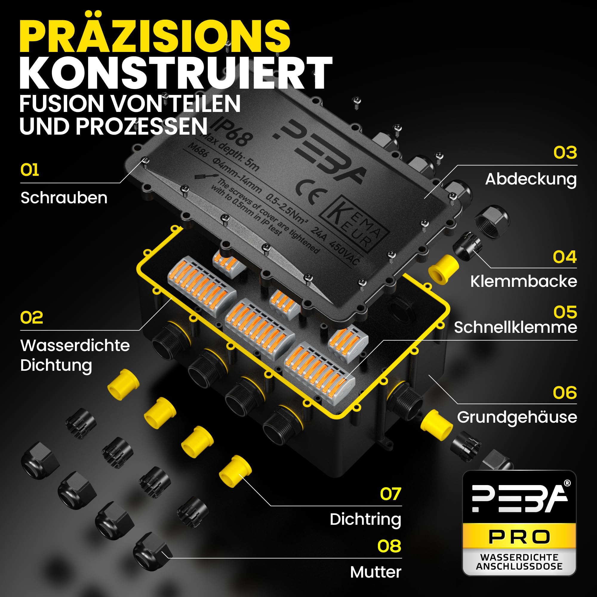 PEBA Abzweigdose IP68, Erdkabel Klemmdose Verbindungsdose, Übergroße 9 Wege Junction Box, Klemmkasten, Wasserdichte Kabelverbinder, Aufputz Verteilerdose Außen Wasserdicht, für 4-14 mm Kabel, Schwarz