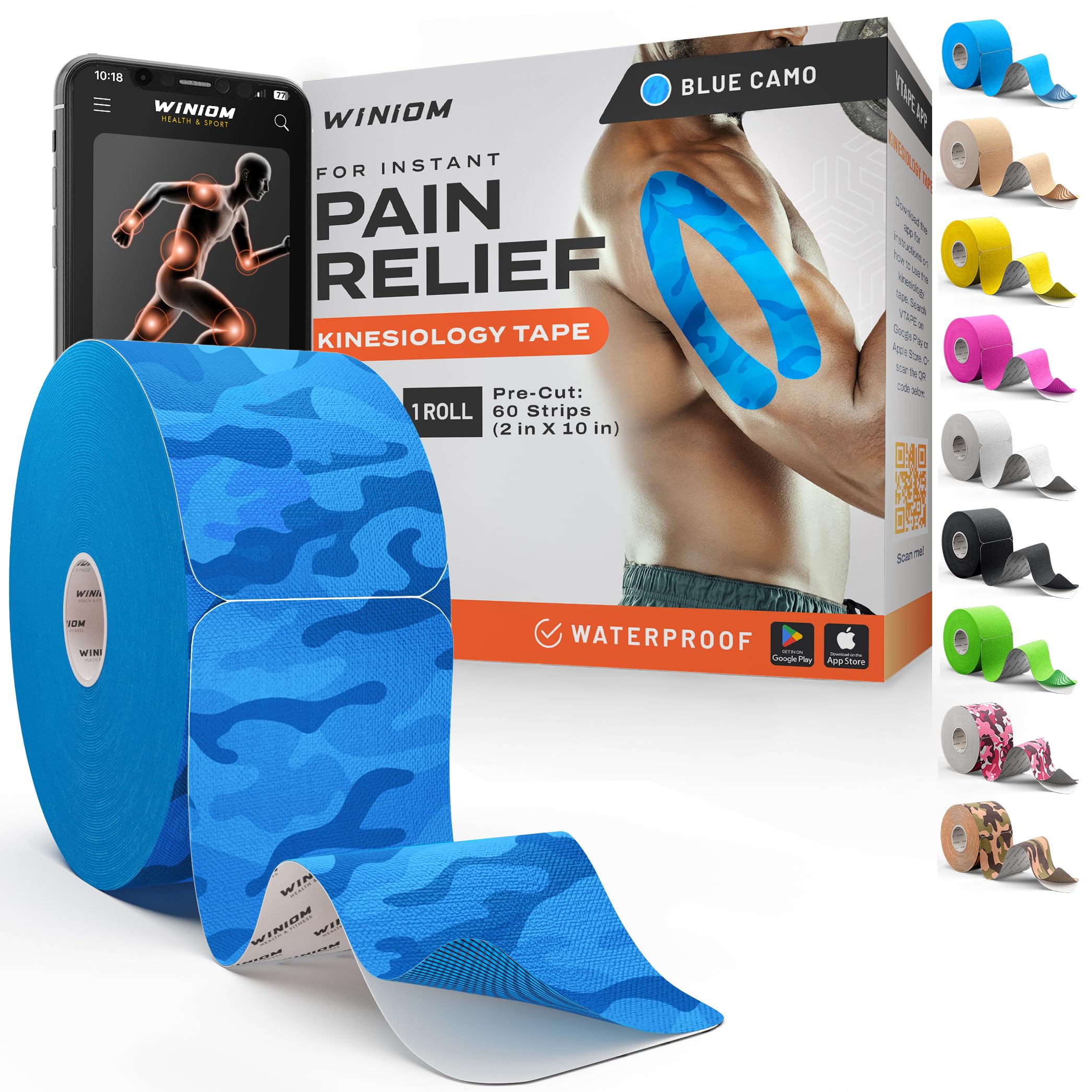 Kinesiology Tape-Incredible Support for Athletic Sports and Recovery + Free Taping Guide - Pre-Cut 2 inch 50 feet (Electric Blue Camo + Free Taping