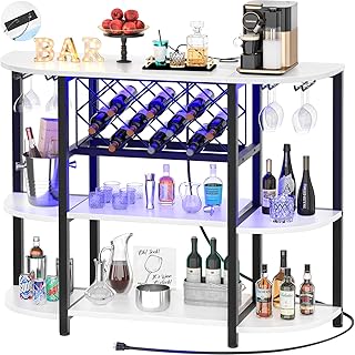 Unikito Bar Table Cabinet with Charging Station,Wine Rack Table with LED Light and Storage, Freestanding Floor Bar Cabinet...