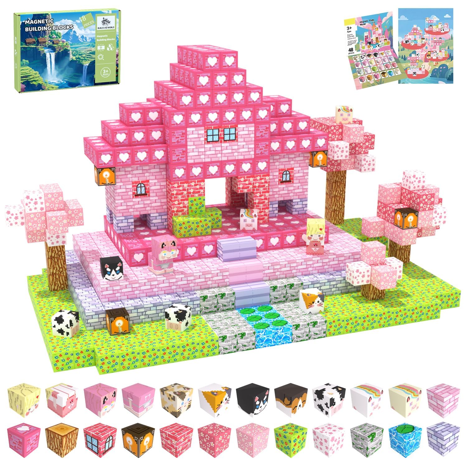 CraftyNest Magnetic Blocks Building Toys for Kids, 48 PCS Magnetic Blocks for Girls Ages 4-8, Magnetic Cubes, STEM Sensory Toys for Boys & Girls, Birthday Gifts for Kid Ages 3+008