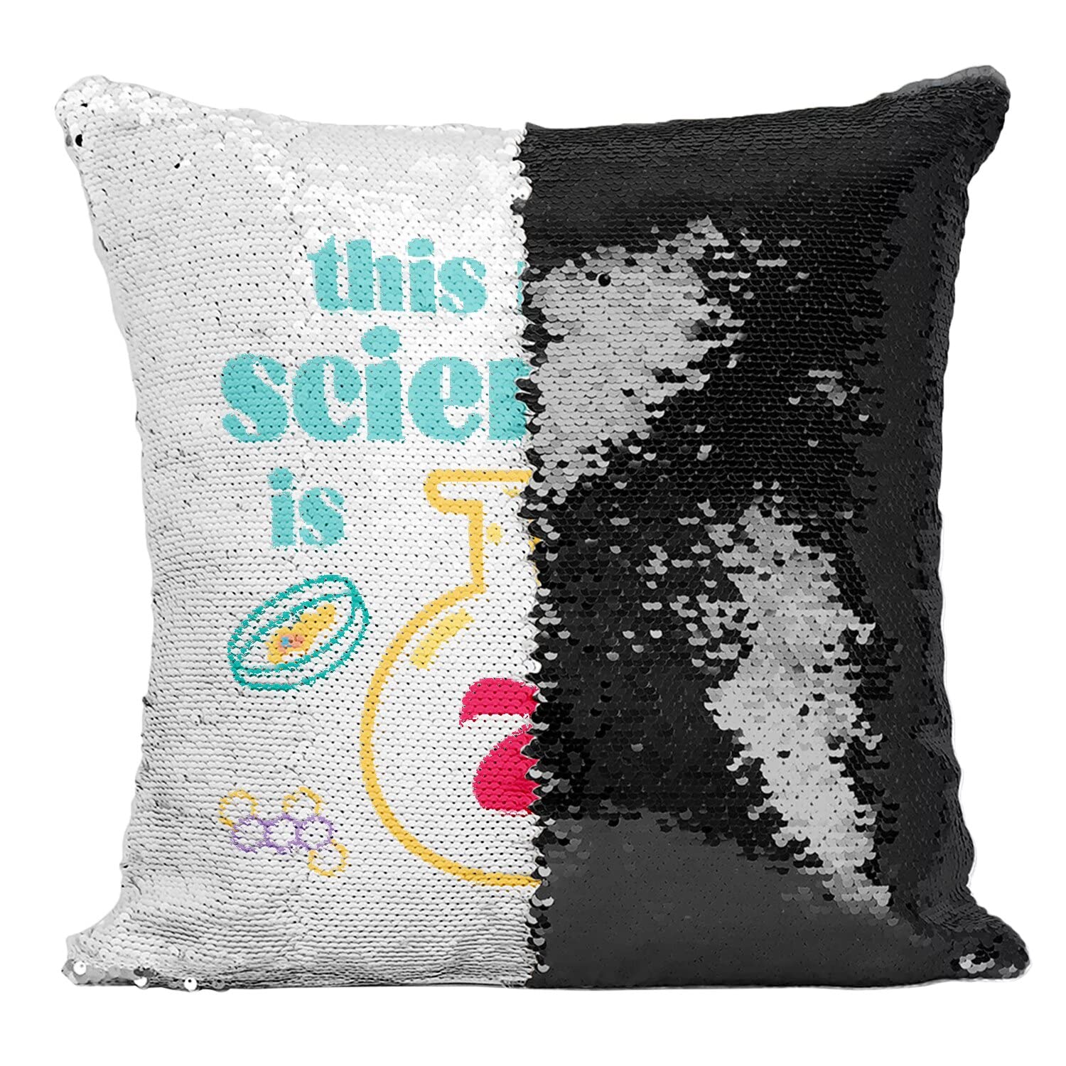 Coussin housse sequin noir déco de chambre d'enfant thème science 7 ans