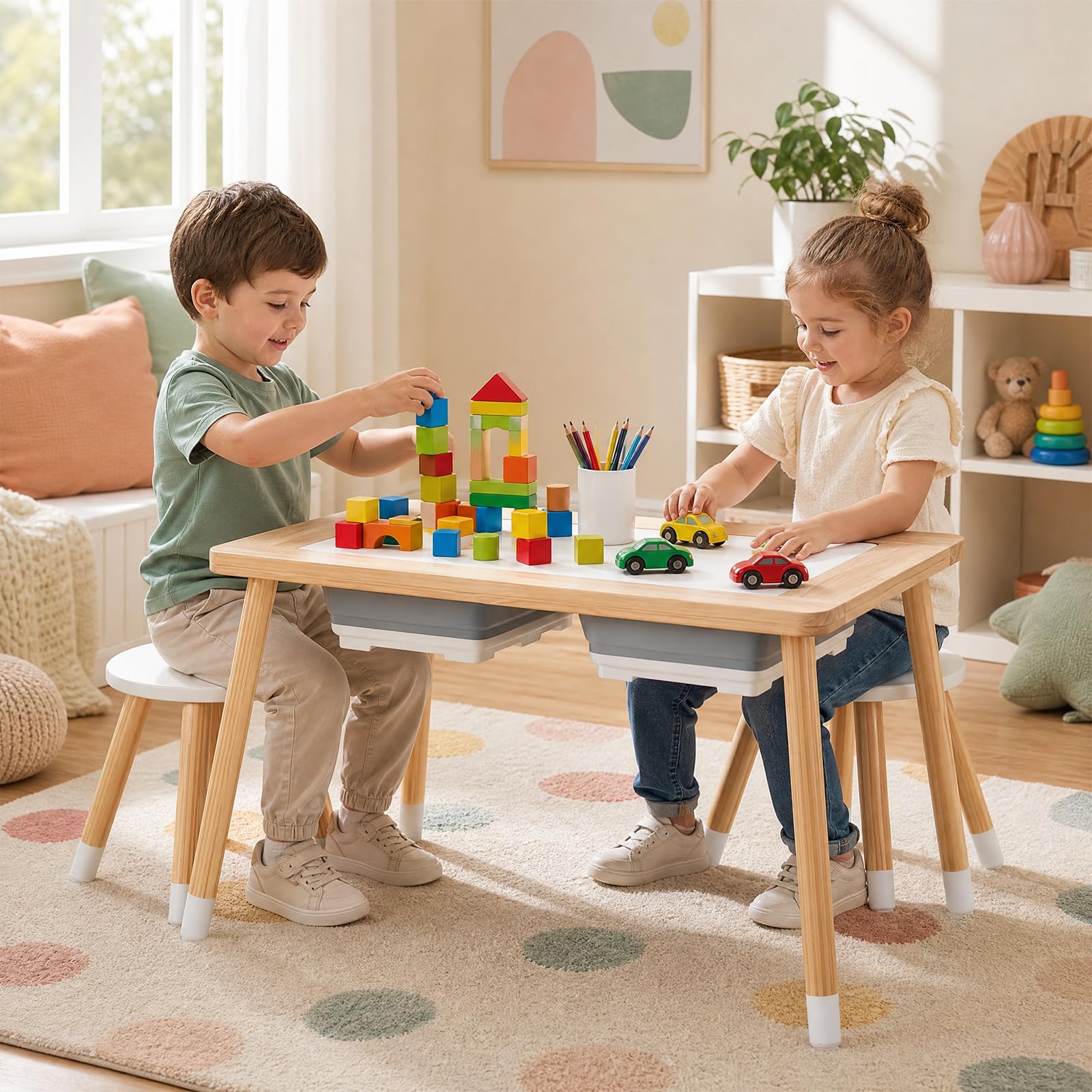 GOPLUS Table Sensorielle Enfant Extérieure avec 2 Chaises (Naturel)