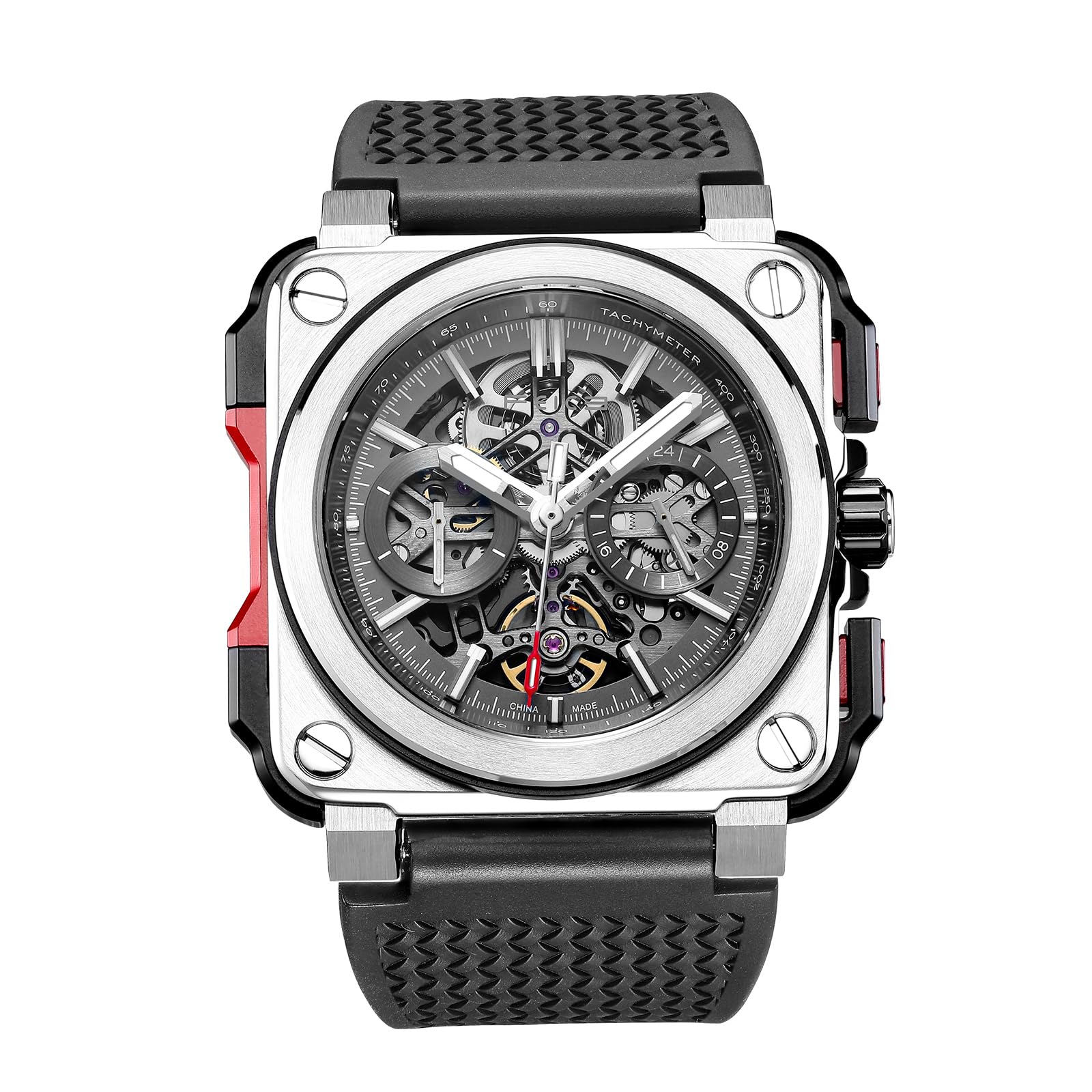 FM507 Men's Automatic Skeleton Black Analog-Digital Watch Mechanical Calendar Mens Black Wristwatch Square Sport Luminous Clock Watches 10ATM Waterproof Watches, Sport