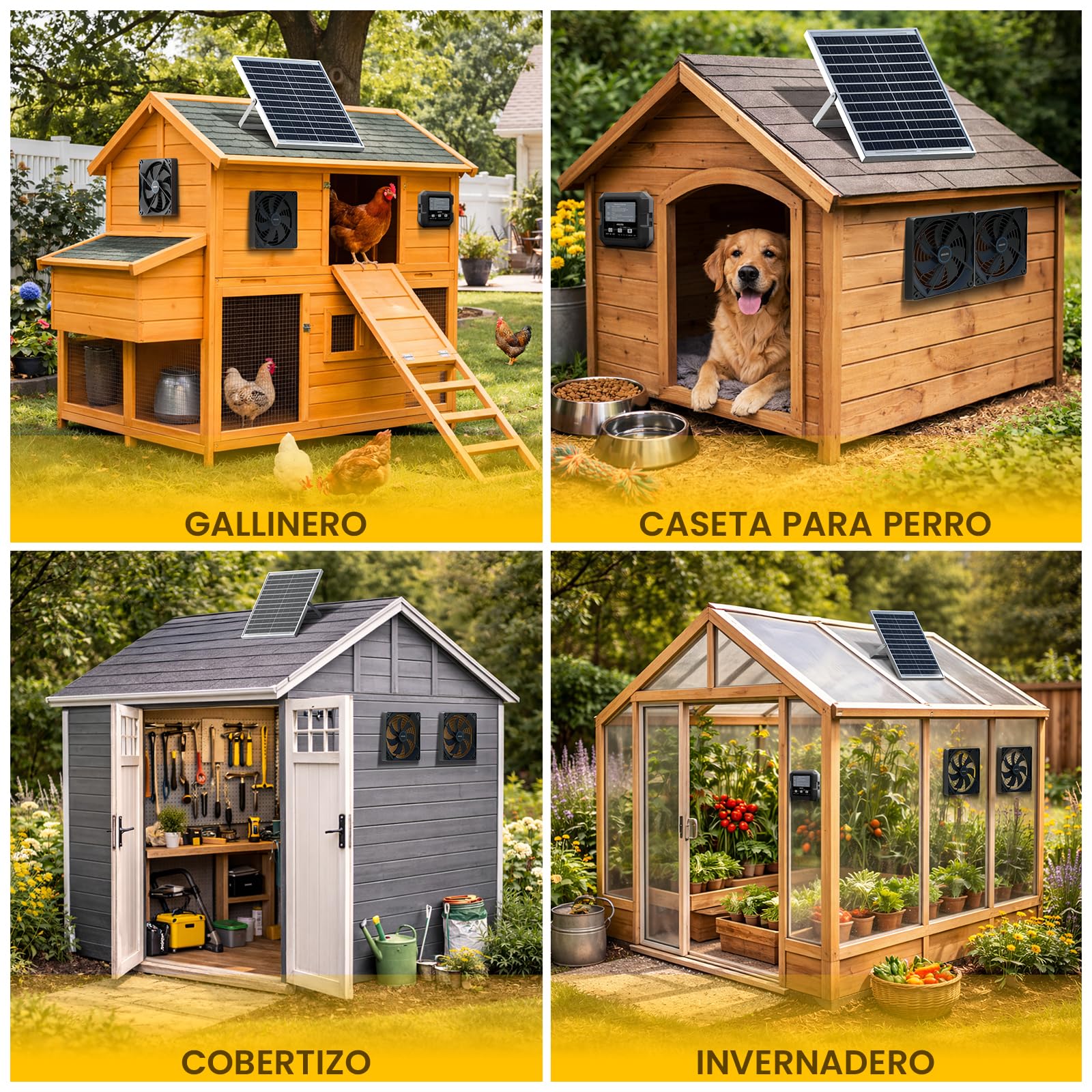 Ventilador Solar para Gallinero e Invernadero, Doble Ventilación Solar con Batería, Entrada o Extracción de Aire, Caja de Control con 3 Modos