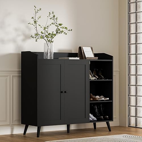 Miniatura 5 de DIYART Armario de almacenamiento de zapatos de roble que se ajusta hasta el tamaño de zapato 16, armario de zapatos de 5 niveles con puertas y