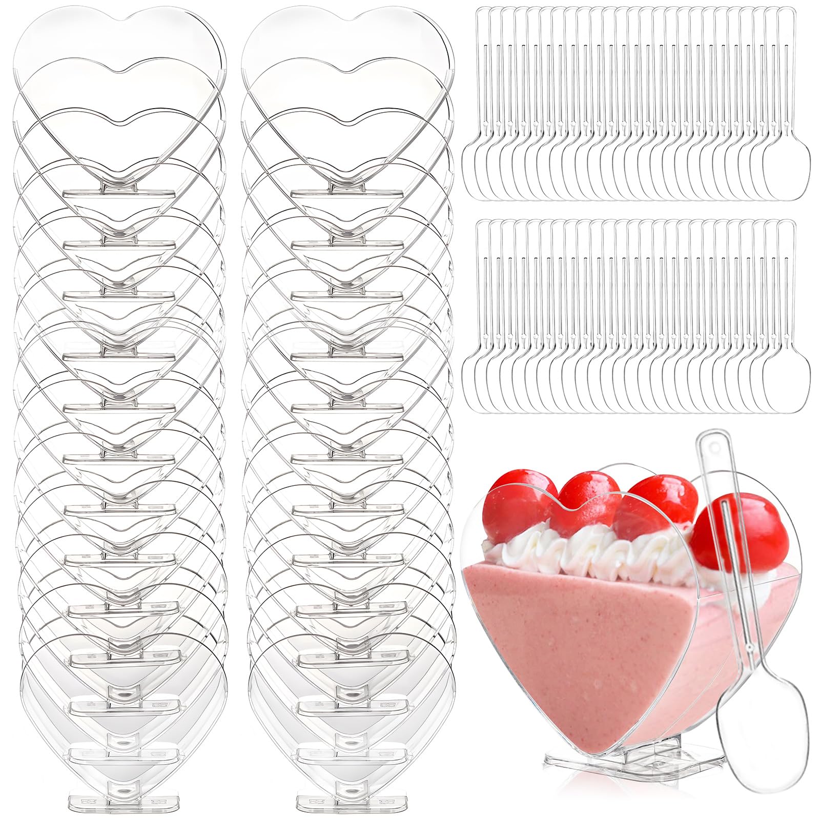 50 Pcs Dessert Cups, 80ml Plastic Dessert Pots with Spoons, Heart to Heart Rectangle Clear Mini Cup Reusable Serving Dessert Bowl for Wedding, Birthday Parties Cheesecake Desserts(7.5 x 7cm)